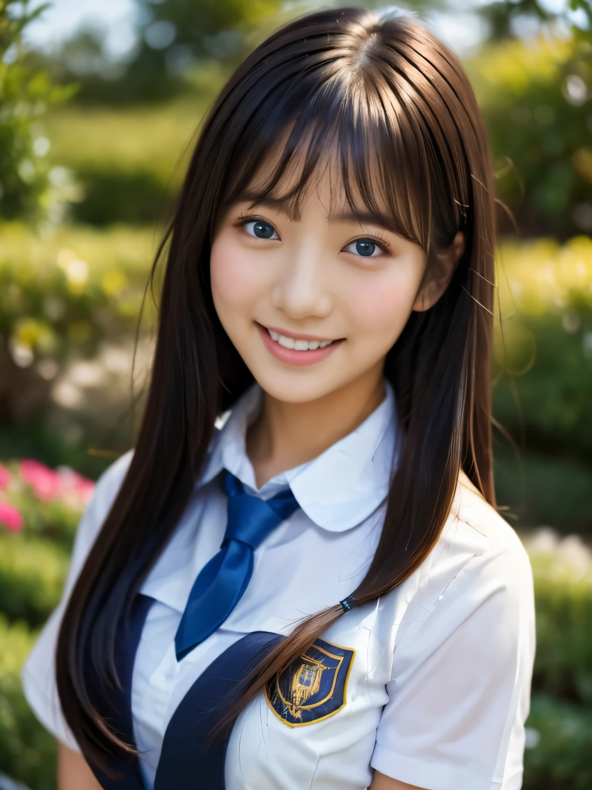 (((masterpiece))), highest quality, super detailed, very detailed, detailed background, light, very beautiful girl, Japanese, 20 me, detailed face, alone, smile, (whole body:1.3), (random hairstyle :1.2), bangs, ((plump lips)), (perfect body:1.1), ((school uniform)), Sunrise glow, summer, In 8K, wallpaper, wonderful, finely, super detailed, Super high resolution, very detailed, Pure erotic face, very detailed目と顔, beautiful and fine eyes, very detailed肌, no makeup, (natural skin),