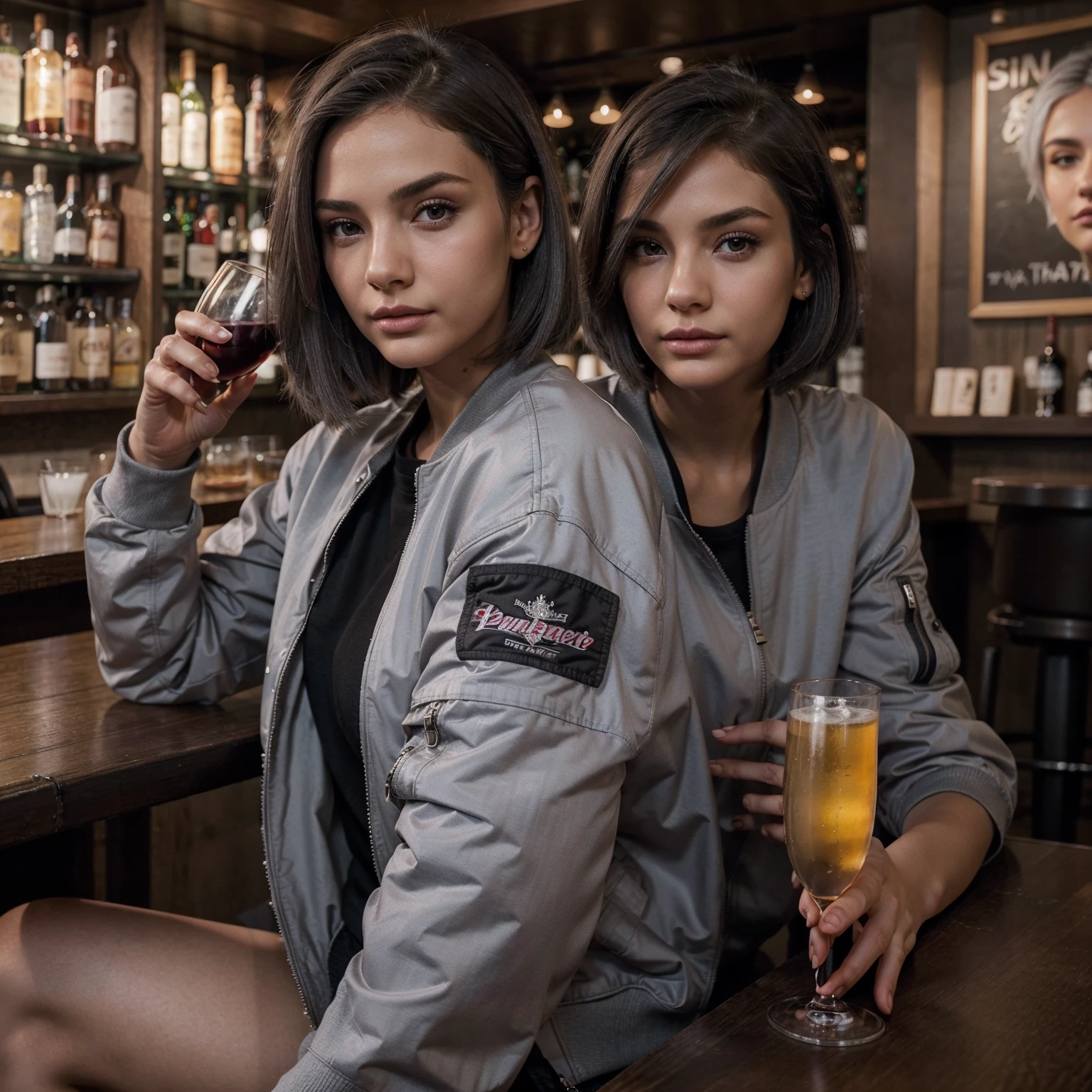 Best quality, in a bar, sitting at a table, holding a glass of wine,bomber jacket with t-shirt, beautiful face, gray hair, bob hairstyle, smooth, neat nose, beautiful girl, gray eyes, sweet lips, slender figure, perfect face.