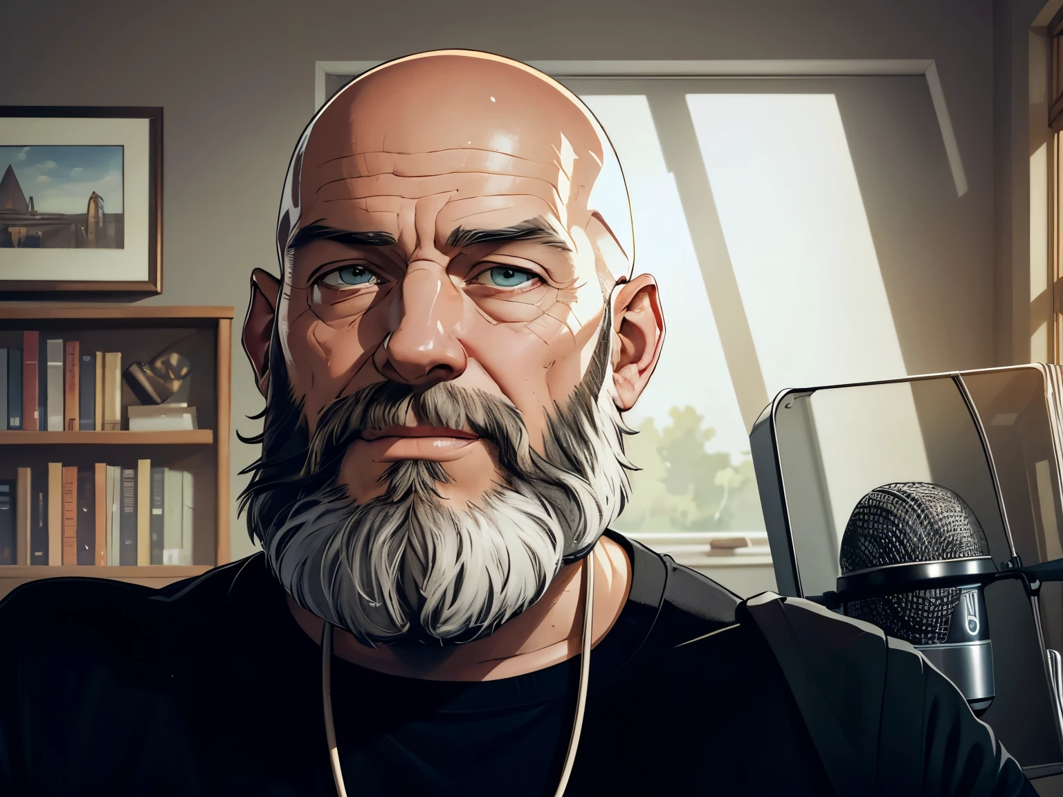 (a bald man with a gray beard, in a podcast studio),illustration,oil painting,detailed background,highres,ultra-detailed,realistic,studio lighting,professional,vivid colors,portrait,neutral color tone,warm lighting,headphones on,recording equipment,notebook,coffee cup,podcast logo,happy expression,beard details,vintage microphone,desk with computer,bookshelves with books,walls with soundproofing foam,sunlight coming through the window,shadow and light play