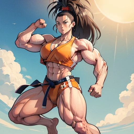 Mizuki im Karate, Black belt ripped karate gi, Barefoot, muscular physique, Mizuki macht Bodybuilding, Huge muscular biceps, breite, muscular shoulders, Bauchmuskeln, Abs, Her big muscles rip through her karate gi, Full body image, Meisterwerk, Highest details, high resolution 