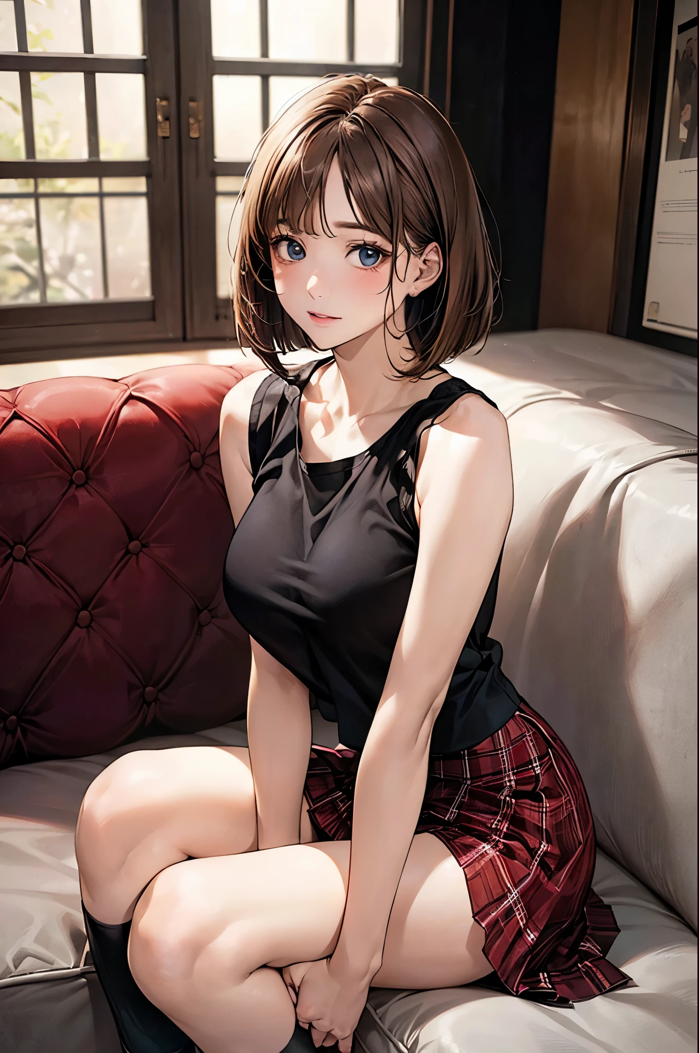 (masterpiece:1.2, top-quality), (realistic, photorealistic:1.4), beautiful illustration, (natural side lighting, movie lighting),
looking at viewer, cowboy shot, front view, close-up:1.5, 1 girl, solo, japanese, high school girl, perfect face, cute and symmetrical face, shiny skin,
(short hair:1.2, bob cut:1.2, light brown hair), hairline, asymmetrical bangs, blue eyes, long eyelasher, (large breasts:0.9, thick thighs),
beautiful hair, beautiful face, beautiful detailed eyes, beautiful clavicle, beautiful body, beautiful chest, beautiful thigh, beautiful legs, beautiful fingers,
((sleeveless high neck black tank top, , red plaid mini skirt, socks)),
(beautiful scenery), evening, living room, ((hit the ground with my bottom)), (astonished, upper eyes),