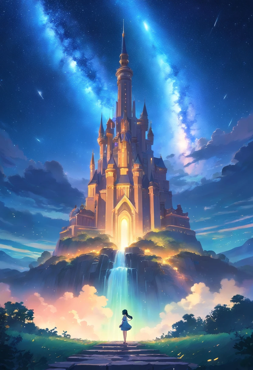Neoclassicism, drop shadow, masterpiece,(Midnight hour),A tall Gothic castle stands on the mountains,Above the clouds,它以Milky Way为幕布,Mountain as stage。Clouds and shooting stars intertwined,It seems to be an otherworldly scenery。The picture like a symphony of colors。(warm light:1.25),(Waterfalls cascade down),(Milky Way)
