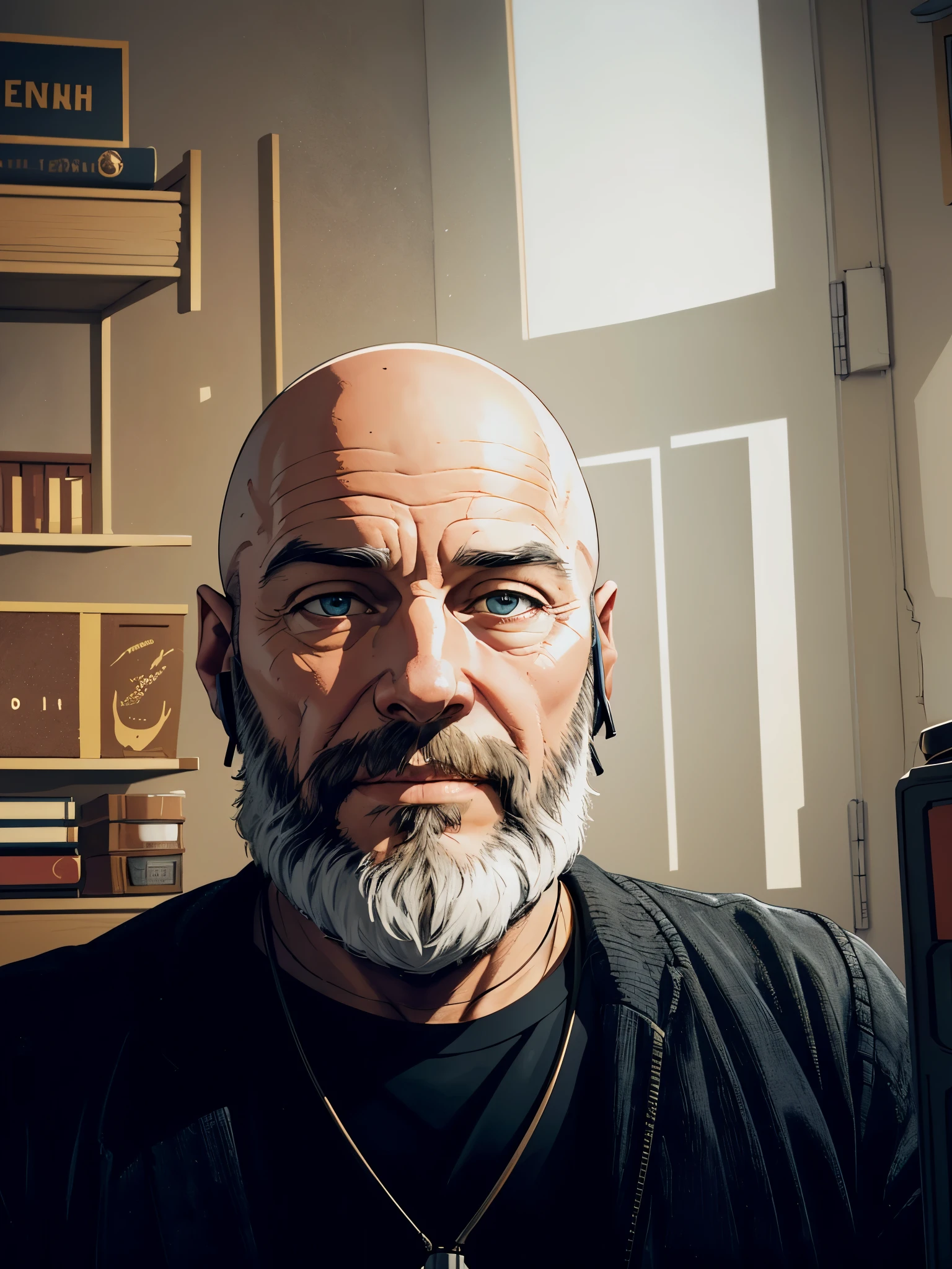 (a bald man with a gray beard, in a podcast studio),illustration,oil painting,detailed background,highres,ultra-detailed,realistic,studio lighting,professional,vivid colors,portrait,neutral color tone,warm lighting,headphones on,recording equipment,notebook,coffee cup,podcast logo,happy expression,beard details,vintage microphone,desk with computer,bookshelves with books,walls with soundproofing foam,sunlight coming through the window,shadow and light play