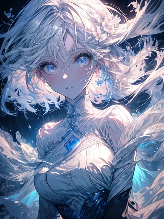 ((Masterpiece)), (Anime:1.3), ((best quality)), (abstract art:1.5), (High Definition), (pale color), wide shot, (fractal structure:1.5), (simple silver background:1.6), landscape, (Beautiful), (Biological atmosphere), deep sea, (cute girl), (hollow eyes), (profile), beautiful white hair, (Crying), ((eyes trickle down)),