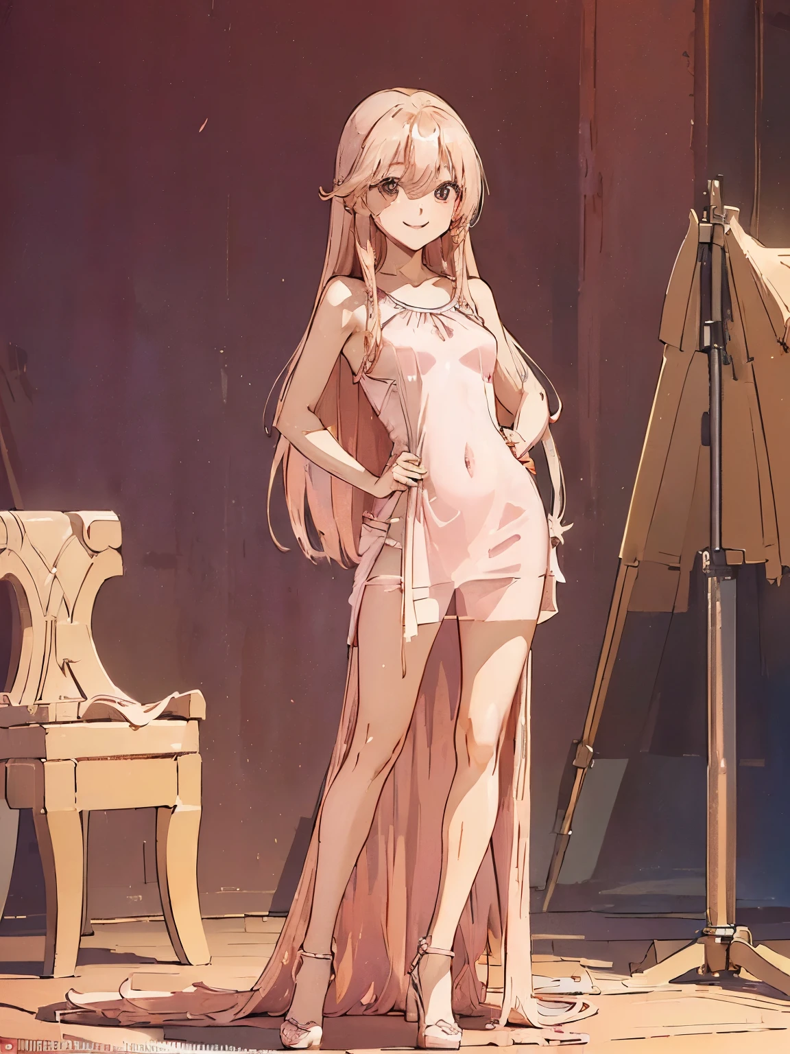 (((masterpiece))) ((( background : modelling studio  : taking pictures : photographers : night : high quality : detail ))) ((( character : Ryu Sujeong : fit body : small breast : smooth long pinkish blonde hair with bang : wearing moddeling dress : standing : smile : modelling pose ))