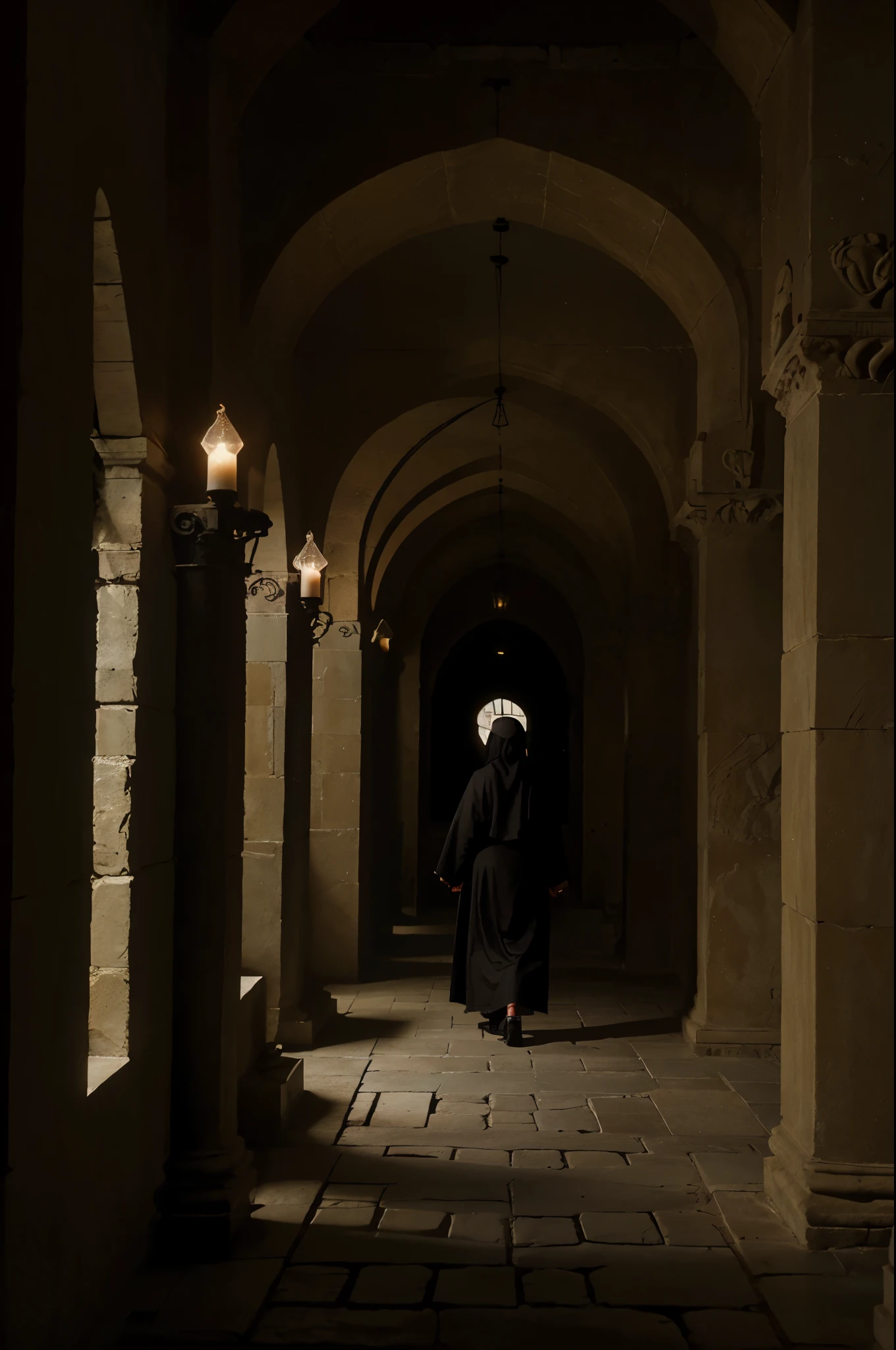 realistic photo with the best possible quality,
ancient temple, monastery, mountain top, clouds, mist and mist around
dark environment, temple corridor
nun walking on the ceiling of the hallway
arches on the sides to the foggy courtyard
candlelight in candelabra on the walls
