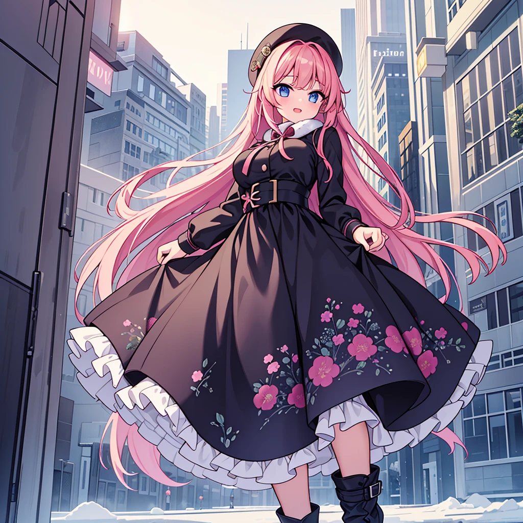 (masterpiece,best quality, detailed,hires:1.4),(cityacape0.5,sky0.3,girl0.2),long distance view,1girl,16yo,(solo:1.4),winter cityscape,fine sky,day,BREAK,detailed long hair,detailed face,detailed shining eyes,bloom,glowing,shine skin,winter clothing,huge breasts,(happy:1.4),blush,cowboy shot,from below,(feet are outside the viewer:1.4),