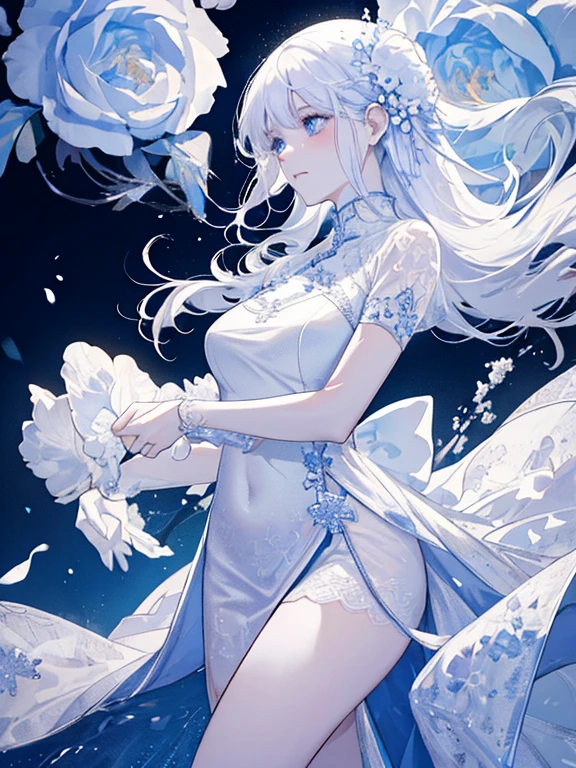 Paradise in Heaven, White lighting,(muste piece), (best quality), (cinematic), 8K, (art station), Li Yue painting style.(長いwhite hairとSilvery eyesを持つ1人の女), (beautiful delicate face)、[ Particle Lou Full Moon] [Frozen trees々] [landscape crystal] [great writing] [Ethereal Atmosphere]:1.1] [fantasy, short story] [soft great writing] [+cinematic shot]:1.2 [+art station] [+luminous white background] [+soft great writing] [soft glow] [Creative and dynamic angles]:1.3, [+Crystal Toning] 、muste piece, very detailed, Super detailed, solo, (pale skin), Silvery eyes, white hair, (snow background), (snowflake rosen flower:1.0), (shining crystal),, (Snowy ground), (White lashes), sexy woman、dreamy and detailed, Gorgeous setting, 妖しい雰囲気 muste piece, The most beautiful scenes, majestic、(((full of white flowers)))、quiet and serene atmosphere、attractive, all white tones,Inside the crystal library,Transparent flowers and falling snow，Many white roses are planted,(water flowing,waterfall,water bloom),The decoration is also carefully done.,dream（very detailedです，creative design，crisp and precise lines，K HD，best quality，T Masterpiece，超High resolution，In 4K）、Diverse poses、((beautiful white flower hair ornament))、beautiful hairstyle、(best quality, In 4K, 8K, High resolution, muste piece:1.2), Super detailed, detailed expression, graceful posture, expressive brush strokes, mysterious atmosphere, artistic interpretation,Delicate floral jewelry， (((Detailed design、Beautiful lace translucent dress、see-through small dress)))、(SFW:1.5), (oversized breasts, best body proportions, proportions of large breasts,:1.5),(white decoration on thigh)、((Beautiful crystal accessories on the legs))。((Beautiful crystal accessories on the arm))