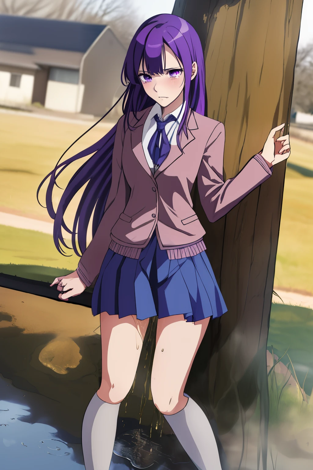 2d, masterpiece, best quality, anime, highly detailed, cowboy shot, 1girl, solo, yuri, purple eyes, purple hair, long hair, hairclip, [[large breasts]], school uniform, blazer, brown sweater, collared shirt, neck ribbon, blue skirt, standing, fullbody, expressionless, sad, crying, tear, blush, outdoor, peeing self, peeing girl, pee stain, pee stream, dirty skirt, wetting, puddle of pee