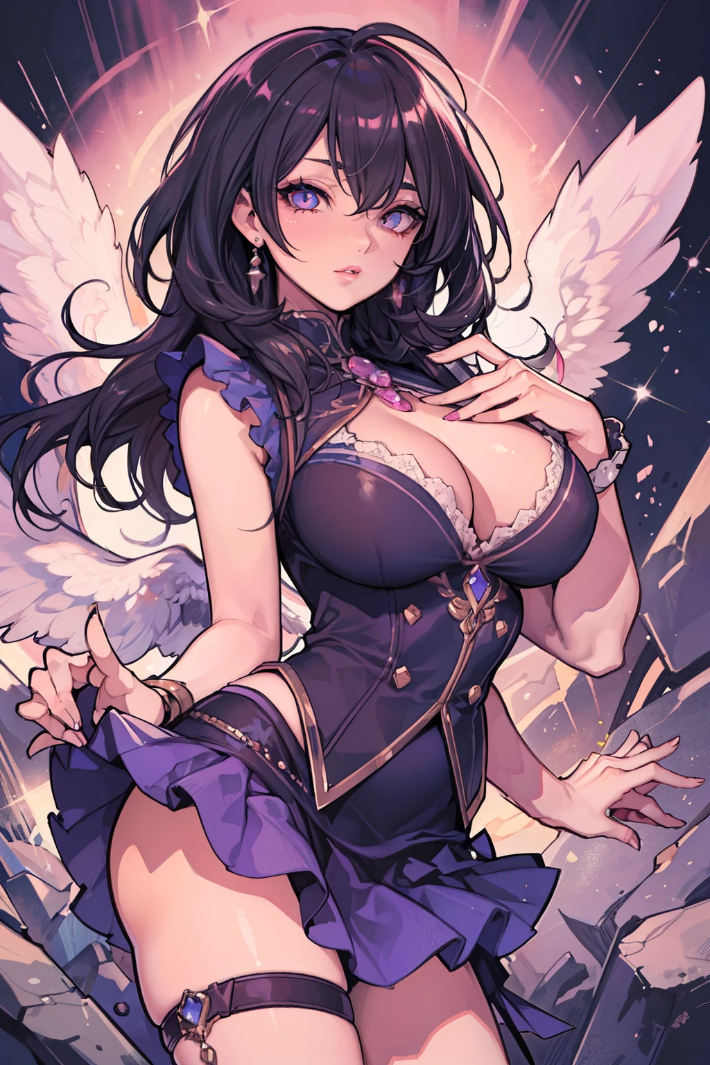 Beautiful woman, sparkling eyes, false eyelashes, pink lips, big and full breasts, mini skirt, Thumb and four fingers, anatomically correct fingers, Detailed description, rock fallen angel,