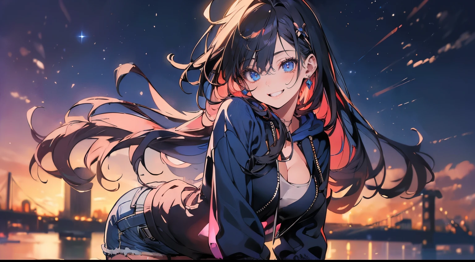 (masterpiece:1.4),(best quality:1.4),ultra high res,((detailed facial features)),HDR,8k resolution,1girl wearing a blue hoodie and blue jeans shorts, smiling, blue eyes large breasts, sexy fit body figure, solo looking at viewer, long hair, blue and purple neon colors with a city in the background on a bridge