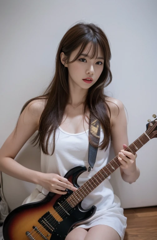 Highest image quality Realistic Natural light Japanese woman 1 person 27 years old beautiful eyes big chest shoulder-length hair cool look Playing electric guitar Are standing realistic skin white tank top concert venue fancy lighting Gibson