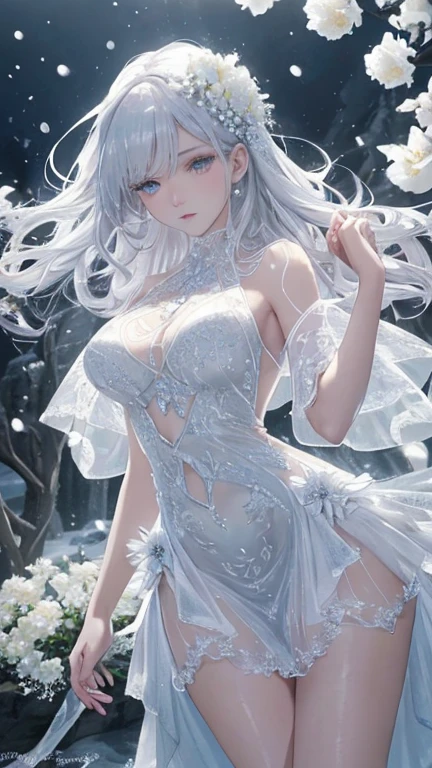 Paradise in Heaven, White lighting,(muste piece), (best quality), (cinematic), 8K, (art station), Li Yue painting style.(長いwhite hairとSilvery eyesを持つ1人の女), (beautiful delicate face)、[ Particle Lou Full Moon] [Frozen trees々] [landscape crystal] [great writing] [Ethereal Atmosphere]:1.1] [fantasy, short story] [soft great writing] [+cinematic shot]:1.2 [+art station] [+luminous white background] [+soft great writing] [soft glow] [Creative and dynamic angles]:1.3, [+Crystal Toning] 、muste piece, very detailed, Super detailed, solo, (pale skin), Silvery eyes, white hair, (snow background), (snowflake rosen flower:1.0), (shining crystal),, (Snowy ground), (White lashes), y woman、dreamy and detailed, Gorgeous setting, 妖しい雰囲気 muste piece, The most beautiful scenes, majestic、(((full of white flowers)))、quiet and serene atmosphere、attractive, all white tones,Inside the crystal library,Transparent flowers and falling snow，Many white roses are planted,(water flowing,waterfall,water bloom),The decoration is also carefully done.,dream（very detailedです，creative design，crisp and precise lines，K HD，best quality，T Masterpiece，超High resolution，In 4K）、Diverse poses、((beautiful white flower hair ornament))、beautiful hairstyle、(best quality, In 4K, 8K, High resolution, muste piece:1.2), Super detailed, detailed expression, graceful posture, expressive brush strokes, mysterious atmosphere, artistic interpretation,Delicate floral jewelry， (((Detailed design、Beautiful lace translucent dress、see-through small dress)))、(SFW:1.5), (oversized breest body proportions, proportions of large breasts,:1ite decoration on thigh)、((Beautiful crystal accessories on the legs))。((Beautiful crystal accessories on the arm))