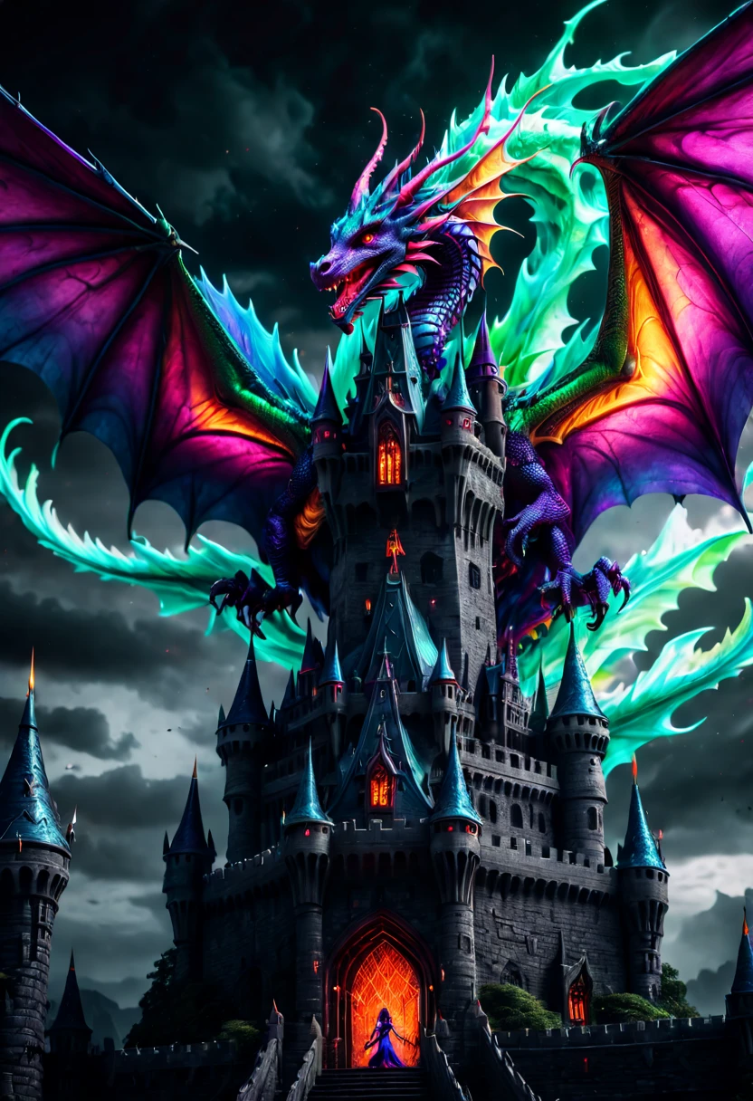 foreboding castle where a Beautiful wicked Elf queen reigns, a colorsplash exotic dragon flying through A dark, Romance, Cinematic lighting, octane render, (best quality, masterpiece, Representative work, official art, Professional, 8k:1.3)