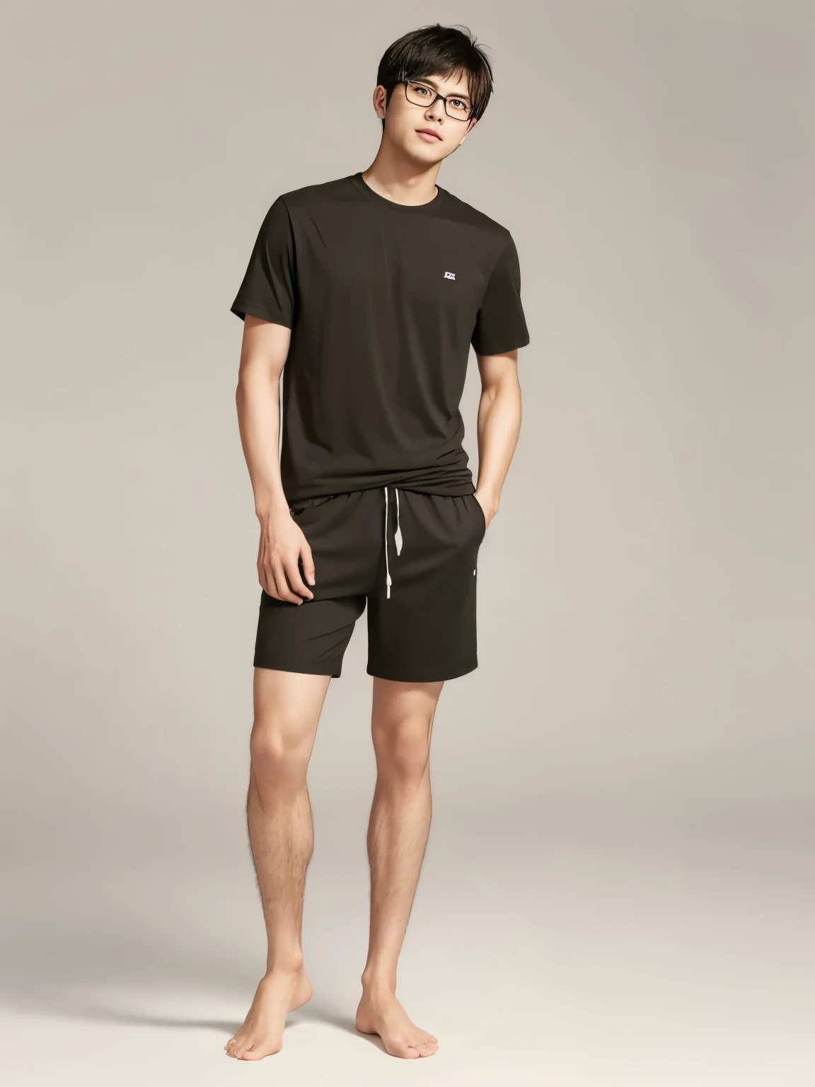 Light skin Hairy legs Track and field athlete Full body photo Wearing shorts Wearing a plain T-shirt Bare feet Toned legs Japanese Man in his late 20s Long legs Short hair Black hair Two-block black rimmed glasses Standing upright There is