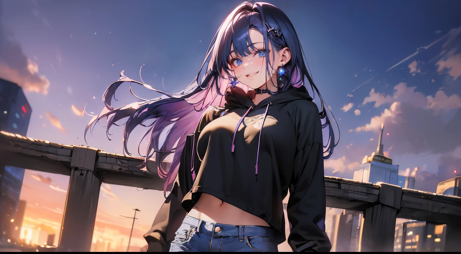 (masterpiece:1.4),(best quality:1.4),ultra high res,((detailed facial features)),HDR,8k resolution,1girl wearing a blue hoodie and blue jeans shorts, smiling, blue eyes large breasts, sexy fit body figure, solo looking at viewer, long hair, blue and purple neon colors with a city in the background on a bridge 