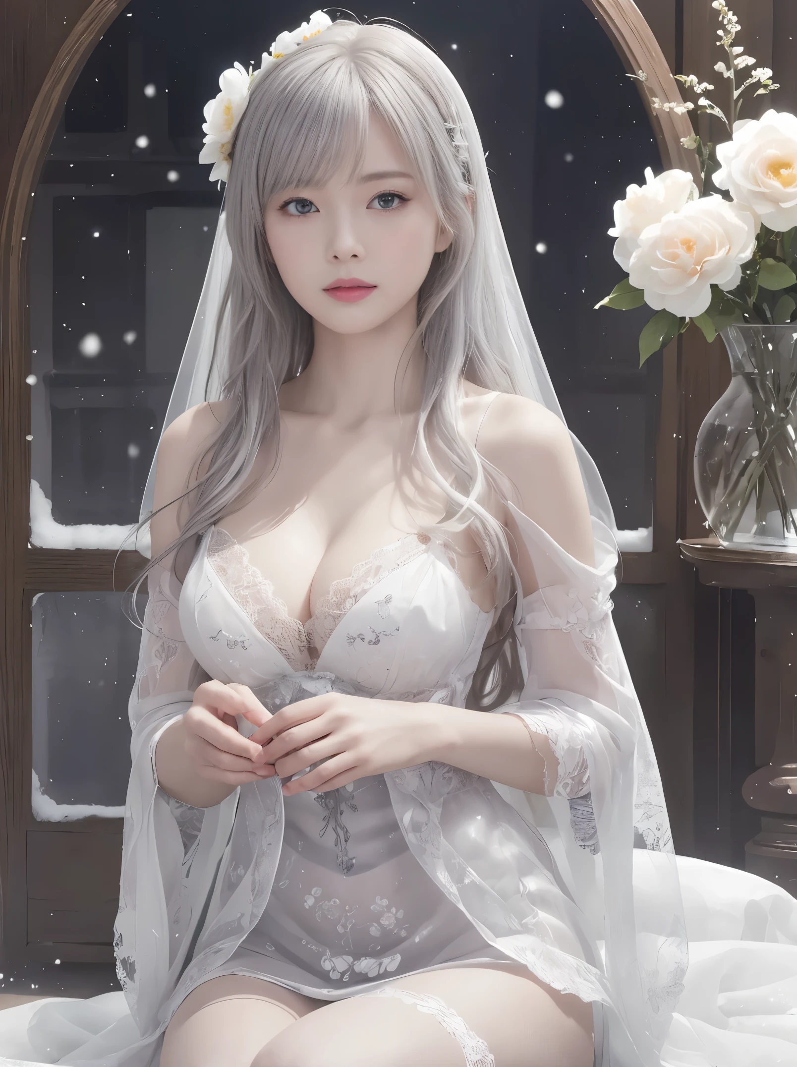 Paradise in Heaven, white light naste piece), (highest quality), (cinematic), 8K, (art station), Li Yue&#39;s style of painting.(長いgray hairとSilvery eyesを持つ1人の女), (beautiful and delicate face)、[ particle roux full moon] [Frozen trees々] [landscape crystal] [lit] [fantastic atmosphere]:1.1] [fantasy, short story] [soft lit] [+cinematic shot]:1.2 [+art station] [+Light white background] [+soft lit] [Soft shine] [creative and dynamic angles]:1.3, [+crystal tonina steppiece, very detailed, super detailed, alone, (white skin), Silvery eyes, gray hair, (snow background), (snowflake rose flower:1.0), (shining crystals),, (snow ground), (sexy white lacy mail、dreamy and detailed, Gorgeous settings, 妖しい雰囲気 table top, The most beautiful scenes, majestic、(((Filled with white flowers)))、quiet and serene atmosphere、attractive, all white tones,Inside the crystal library,Transparent flowers and falling snow，Many white roses are planted,(water flowing,drop down,flower of water),The decoration is also carefully finished..,dream-like（very detailedです，creative design，crisp and precise lines，khd，best quality，master piece，超High resolution，4K）、Beautiful white flower hair ornament in diverse poses))、beautiful hairstyle、(highest quality, 4K, 8K, High resolution, table top:1.2), super detailed, detailed expression, elegant posture, Expressive brush strokes, mysterious atmosphere, artistic interpretation,delicate floral jewelry， (((detailed design、Beautiful dress with sheer lace、see-through little dress)))、(software:1.5), (oversized breasts, best body proportions, The proportion of large breasts,:1.5),(Regular crystal accessories on the arms are decorated in white。))、(((Design with wide open chest)))
