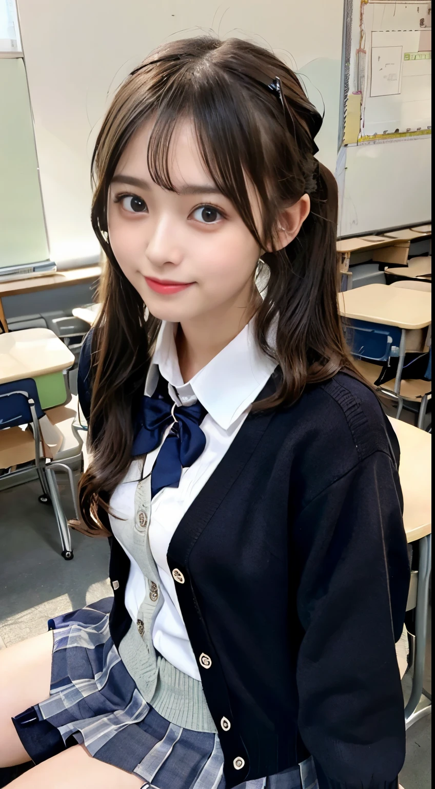 (masterpiece, best quality, ultra high res, 8k, perfect anatomy, extremely detailed),
BREAK
(photo of 1 cute girl), (school uniform, cardigan, miniskirt:1.5), (black hair, long twin tails, black eyes, slant eyes, large breasts:1.2),
BREAK
(sitting, studying:1.5), (smile), (close to viewer:1.3), (classroom:1.3),
BREAK
 cowboy shot, 