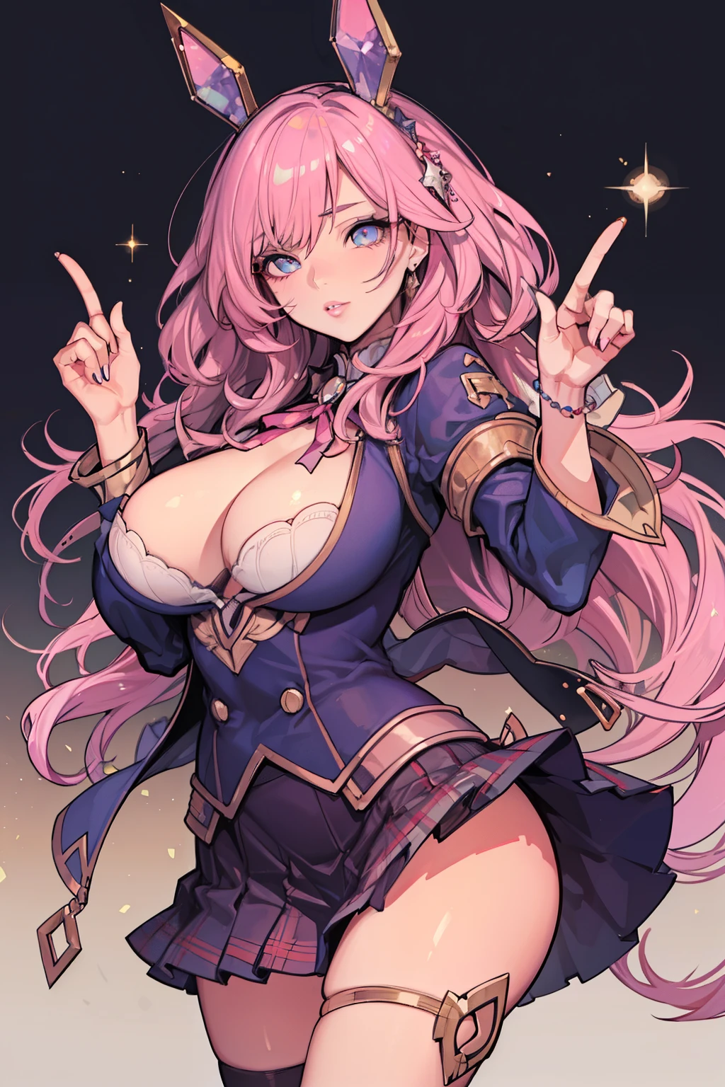 Beautiful woman, sparkling eyes, false eyelashes, pink lips, big and full breasts, mini skirt, two arms, Thumb and four fingers, anatomically correct fingers, Detailed description, hard rock,