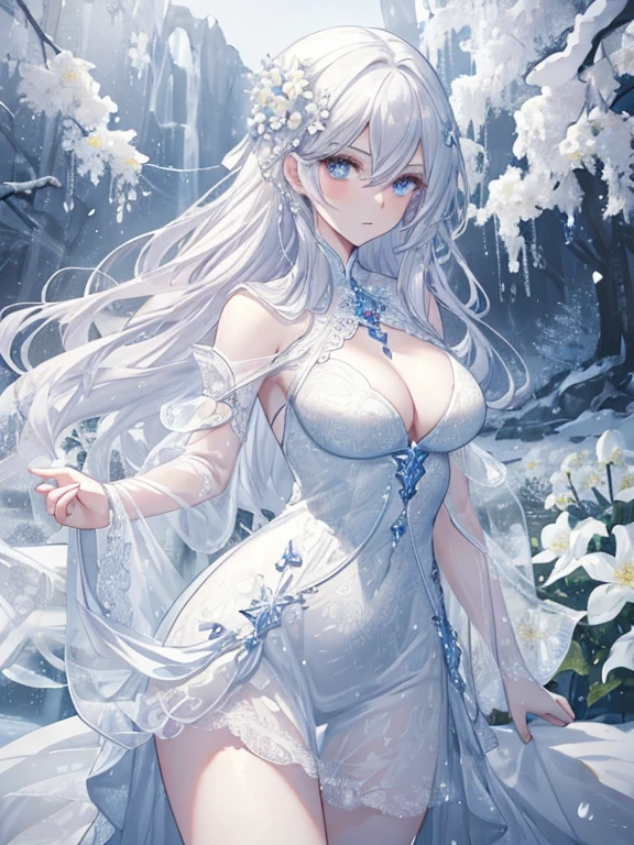 Paradise in Heaven, White lighting,(muste piece), (best quality), (cinematic), 8K, (art station), Li Yue painting style.(長いwhite hairとSilvery eyesを持つ1人の女), (beautiful delicate face)、[ Particle Lou Full Moon] [Frozen trees々] [landscape crystal] [great writing] [Ethereal Atmosphere]:1.1] [fantasy, short story] [soft great writing] [+cinematic shot]:1.2 [+art station] [+luminous white background] [+soft great writing] [soft glow] [Creative and dynamic angles]:1.3, [+Crystal Toning] 、muste piece, very detailed, Super detailed, solo, (pale skin), Silvery eyes, white hair, (snow background), (snowflake rosen flower:1.0), (shining crystal),, (Snowy ground), (White lashes), sexy woman、dreamy and detailed, Gorgeous setting, 妖しい雰囲気 muste piece, The most beautiful scenes, majestic、(((full of white flowers)))、quiet and serene atmosphere、attractive, all white tones,Inside the crystal library,Transparent flowers and falling snow，Many white roses are planted,(water flowing,waterfall,water bloom),The decoration is also carefully done.,dream（very detailedです，creative design，crisp and precise lines，K HD，best quality，T Masterpiece，超High resolution，In 4K）、Diverse poses、((beautiful white flower hair ornament))、beautiful hairstyle、(best quality, In 4K, 8K, High resolution, muste piece:1.2), Super detailed, detailed expression, graceful posture, expressive brush strokes, mysterious atmosphere, artistic interpretation,Delicate floral jewelry， (((Detailed design、Beautiful lace translucent dress、see-through small dress)))、(SFW:1.5), (oversized breasts, best body proportions, proportions of large breasts,:1.5),(white decoration on thigh)、((Beautiful crystal accessories on the legs))。((Beautiful crystal accessories on the arm))