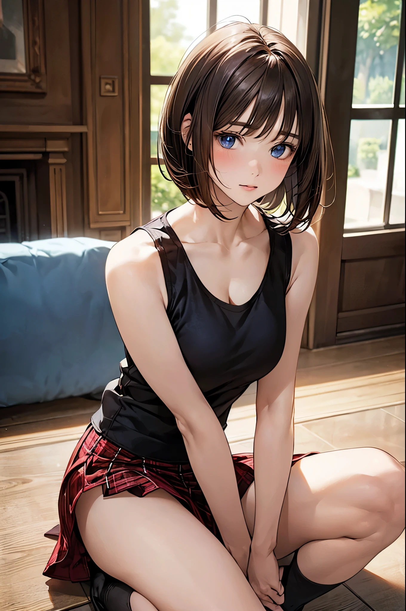 (masterpiece:1.2, top-quality), (realistic, photorealistic:1.4), beautiful illustration, (natural side lighting, movie lighting),
looking at viewer, cowboy shot, front view, close-up:1.5, 1 girl, solo, japanese, high school girl, perfect face, cute and symmetrical face, shiny skin,
(short hair:1.2, bob cut:1.2, light brown hair), hairline, asymmetrical bangs, blue eyes, long eyelasher, (large breasts:0.9, thick thighs),
beautiful hair, beautiful face, beautiful detailed eyes, beautiful clavicle, beautiful body, beautiful chest, beautiful thigh, beautiful legs, beautiful fingers,
((sleeveless high neck black tank top, , red plaid mini skirt, socks, bottomless)),
(beautiful scenery), evening, living room, (sitting floor, crouching, spread legs, hands behind)), (astonished, upper eyes),