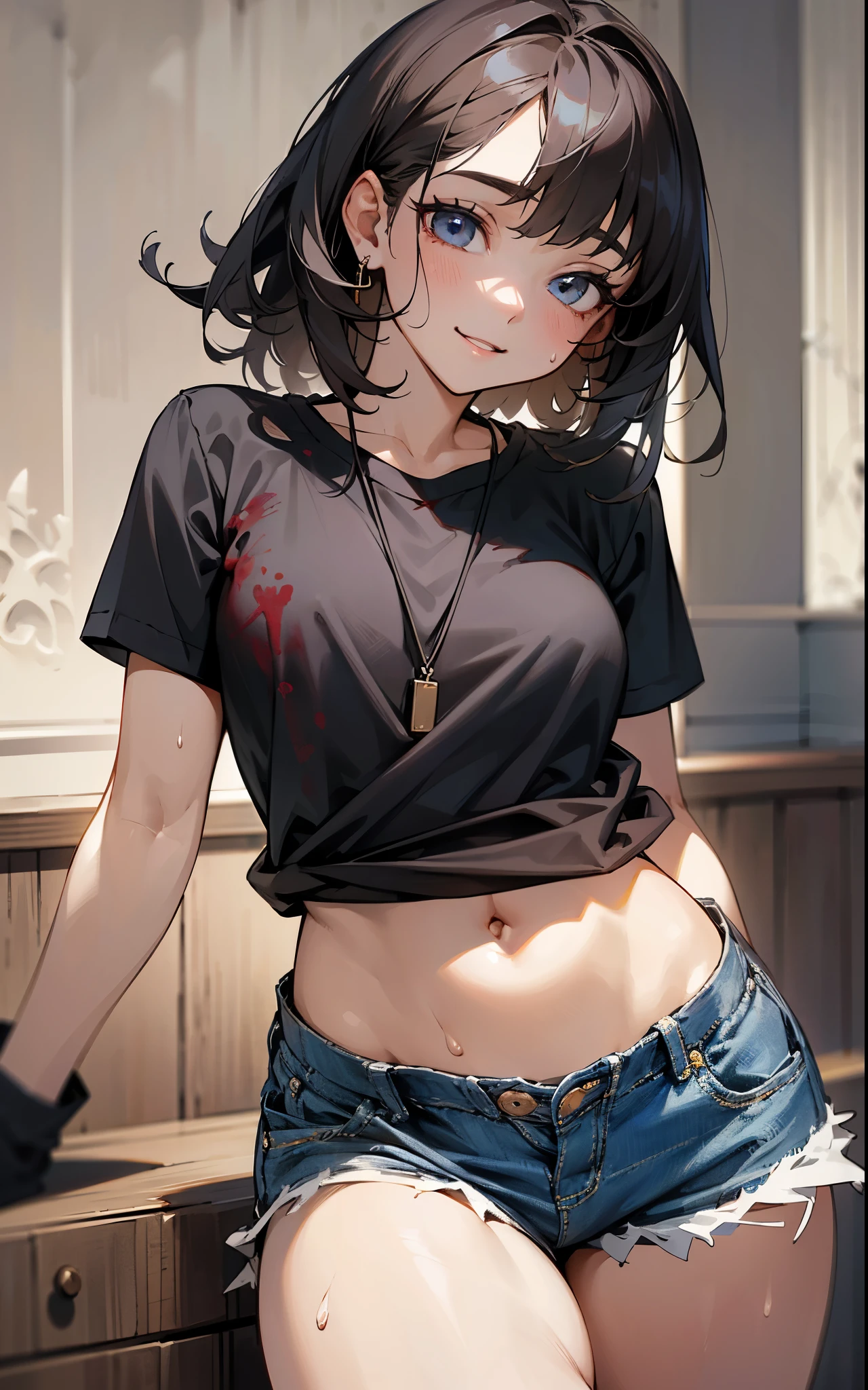 （Blood stains on black short sleeves：1.3），（Blood on the face：1.3），(Unified 16K wallpaper, masterpiece, best quality, Super detailed, Extremely detailed CG, Beautiful and delicate eyes, alone, contain), ultra high resolution, delicate skin、????, Sweat, shorts, Plain top, Smile, (Thigh ??????), 16 years old, realistic clothing, Casual Wear, Not denim