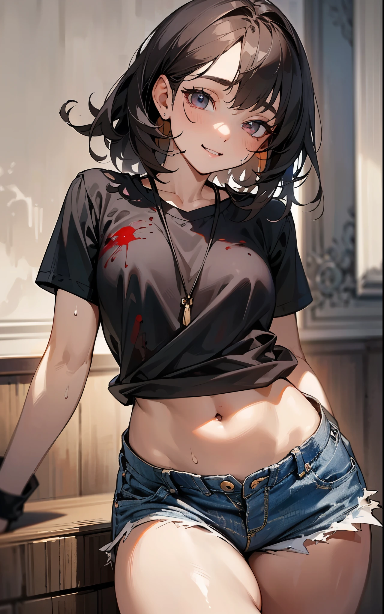 Blood stains on black short sleeves，Blood on the face，(Unified 16K wallpaper, masterpiece, best quality, Super detailed, Extremely detailed CG, Beautiful and delicate eyes, alone, contain), ultra high resolution, delicate skin、Sexy, Sweat, shorts, Plain top, Smile, (Thigh fetish), 16 years old, realistic clothing, Casual Wear, Not denim