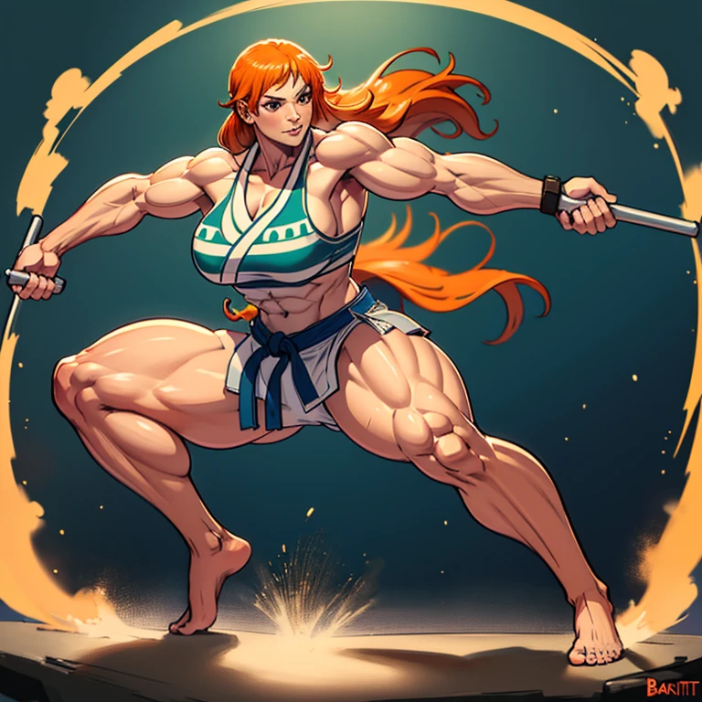 Nami beim Karate Training, nami wears a karate gi, Barefoot, muscular physique, nami macht Bodybuilding, Huge muscular biceps, breite, muscular shoulders, Bauchmuskeln, Abs, Her big muscles destroy her karate gi, Full body image, Meisterwerk, Highest details, high resolution