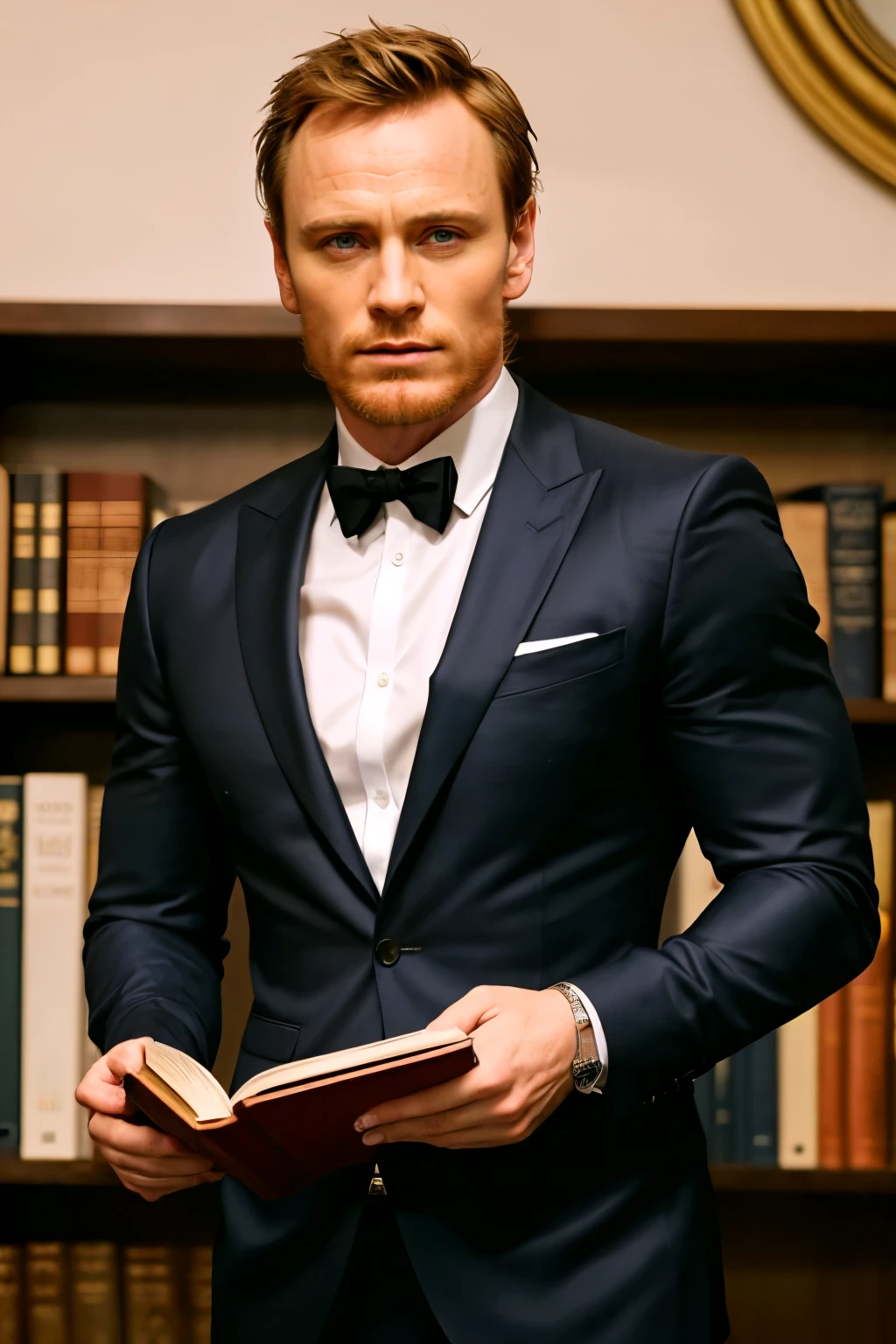 Homem de terno sentado em uma cadeira lendo um livro, Michael Fassbender, em seu terno, majestosa obra-prima, Erwin Olavo, high resolution, Fevereiro), QG, Sean Harris, Sean Harris Mago, Daniel Craig, em um terno preto, homem no terno preto, QG ", imagem realista verdadeira, serious business, Ainda foto de James Bond, vestido com um terno