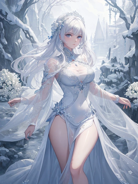 Paradise in Heaven, White lighting,(muste piece), (best quality), (cinematic), 8K, (art station), Li Yue painting style.(長いwhite hairとSilvery eyesを持つ1人の女), (beautiful delicate face)、[ Particle Lou Full Moon] [Frozen trees々] [landscape crystal] [great writing] [Ethereal Atmosphere]:1.1] [fantasy, short story] [soft great writing] [+cinematic shot]:1.2 [+art station] [+luminous white background] [+soft great writing] [soft glow] [Creative and dynamic angles]:1.3, [+Crystal Toning] 、muste piece, very detailed, Super detailed, solo, (pale skin), Silvery eyes, white hair, (snow background), (snowflake rosen flower:1.0), (shining crystal),, (Snowy ground), (White lashes), sexy woman、dreamy and detailed, Gorgeous setting, 妖しい雰囲気 muste piece, The most beautiful scenes, majestic、(((full of white flowers)))、quiet and serene atmosphere、attractive, all white tones,Inside the crystal library,Transparent flowers and falling snow，Many white roses are planted,(water flowing,waterfall,water bloom),The decoration is also carefully done.,dream（very detailedです，creative design，crisp and precise lines，K HD，best quality，T Masterpiece，超High resolution，In 4K）、Diverse poses、((beautiful white flower hair ornament))、beautiful hairstyle、(best quality, In 4K, 8K, High resolution, muste piece:1.2), Super detailed, detailed expression, graceful posture, expressive brush strokes, mysterious atmosphere, artistic interpretation,Delicate floral jewelry， (((Detailed design、Beautiful lace translucent dress、see-through small dress)))、(SFW:1.5), (oversized breasts, best body proportions, proportions of large breasts,:1.5),(white decoration on thigh)、((Beautiful crystal accessories on the legs))。((Beautiful crystal accessories on the arm))