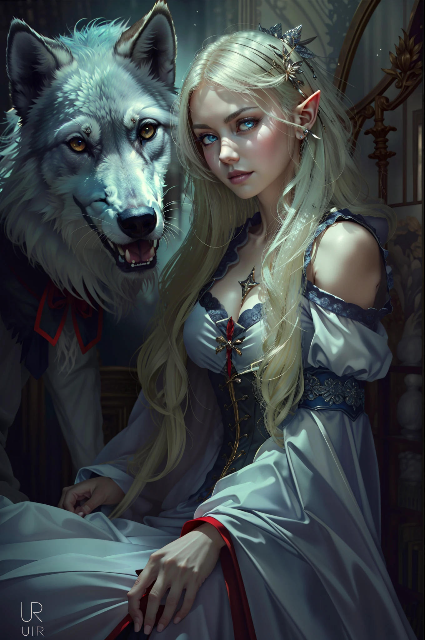 arafed a picture of elf vampire in her castle and her pet wolf, an exquisite beautiful female elf vampire (ultra details, Masterpiece, best quality), blond hair, pale skin, hair in a ponytail, long hair, blue eyes, cold eyes, smirking, wearing white dress (ultra details, Masterpiece, best quality), red cloak, in dark fantasy library, with an big grey wolf  (ultra details, Masterpiece, best quality) book shelves, arafed high details, best quality, 8k, [ultra detailed], masterpiece, best quality, (ultra detailed), full body, ultra wide shot, photorealism, RAW, dark fantasy art, gothic art,