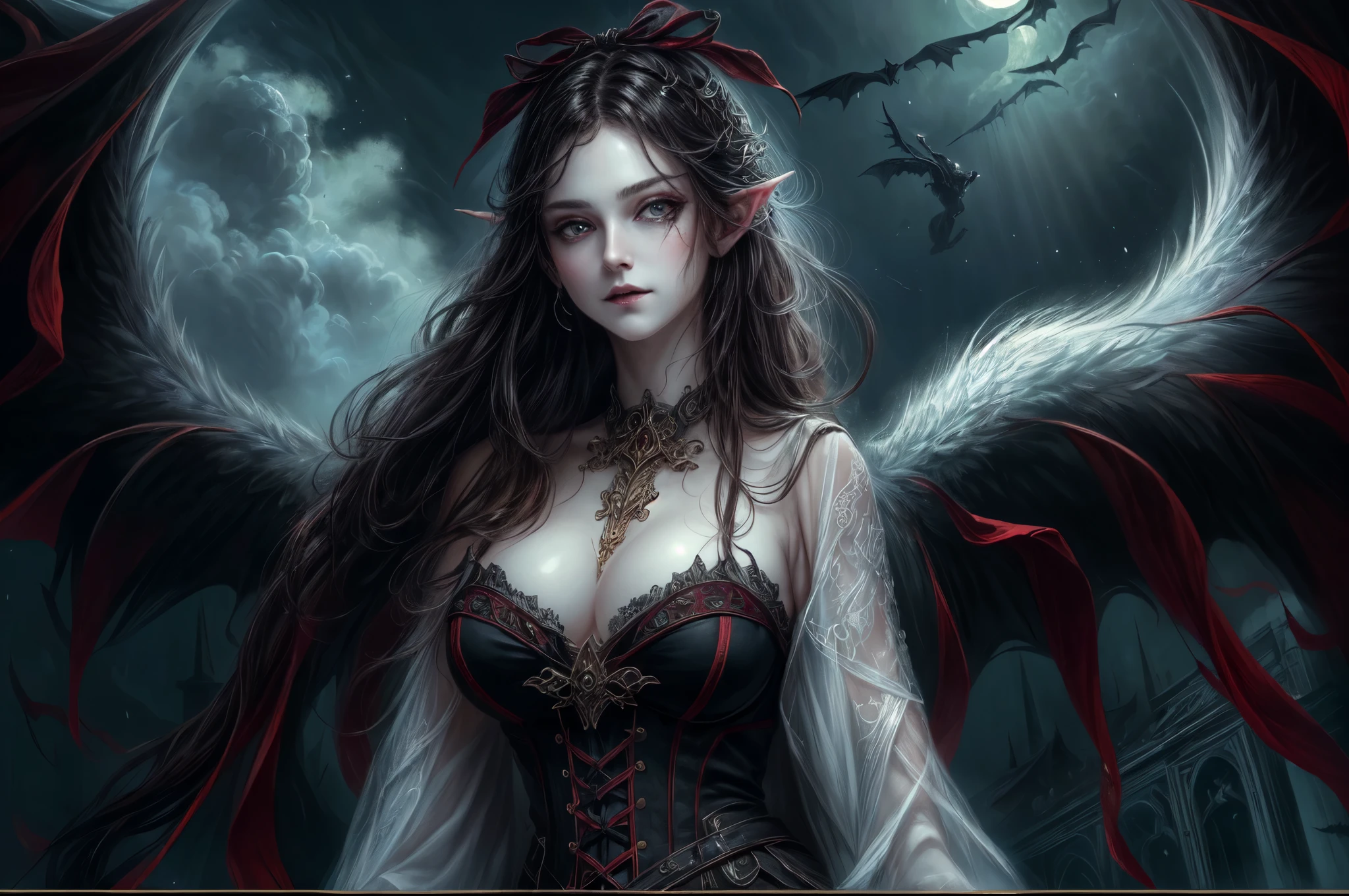 arafed, dark fantasy art, gothic art, (masterpiece:1.5), portrait, best details, highly detailed, best quality, highres, full body portrait of a vampire, elf (1.6, Masterpiece, best quality), ultra feminine (1.4 intricate details, Masterpiece, best quality) with a long curvy hair, dark color hair, red eyes (1.3 fantasy art, Masterpiece, best quality), ((beautiful delicate face)), Ultra Detailed Face (1.4 intricate details, fantasy art, Masterpiece, best quality), [visible sharp vampiric fangs] (1.6 intricate details, fantasy art, Masterpiece, best quality), [anatomically correct] red cloak, flowing cloak (1.4 intricate details, fantasy art, Masterpiece, best quality), wearing an intricate leather [white] dress (1.4 intricate details, gothic art, Masterpiece, best quality), high heeled boots, blood dripping on lipackground (intense details, beat detailantasy, at night light, natural ,moon light, soft moon light, moon rays, clouds, gothic atmosphere, gothic street background, bats flying in background, soft light, dynamic light, [[anatomically correct]], high details, best quality, 8k, [ultra detailed], masterpiece, best quality, (extremely detailed), dynamic angle, ultra wide shot, RAW, photorealistic, zrpgstyle
