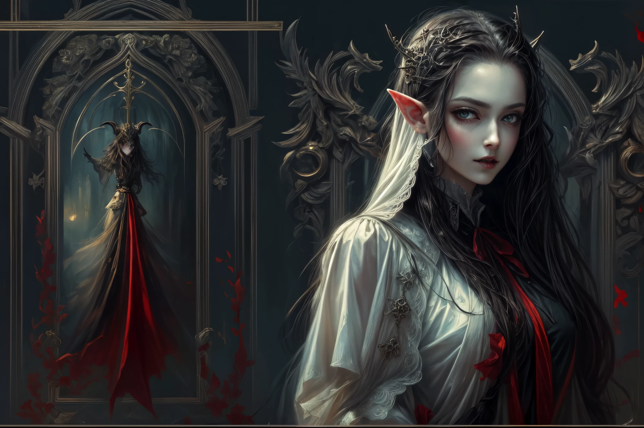 arafed, dark fantasy art, gothic art, (masterpiece:1.5), portrait, best details, highly detailed, best quality, highres, full body portrait of a vampire, elf (1.6, Masterpiece, best quality), ultra feminine (1.4 intricate details, Masterpiece, best quality) with a long curvy hair, dark color hair, red eyes (1.3 fantasy art, Masterpiece, best quality), ((beautiful delicate face)), Ultra Detailed Face (1.4 intricate details, fantasy art, Masterpiece, best quality), [visible sharp vampiric fangs] (1.6 intricate details, fantasy art, Masterpiece, best quality), [anatomically correct] red cloak, flowing cloak (1.4 intricate details, fantasy art, Masterpiece, best quality), wearing an intricate leather [white] dress (1.4 intricate details, gothic art, Masterpiece, best quality), high heeled boots, blood dripping on lipackground (intense details, beat detailantasy, at night light, natural ,moon light, soft moon light, moon rays, clouds, gothic atmosphere, gothic street background, bats flying in background, soft light, dynamic light, [[anatomically correct]], high details, best quality, 8k, [ultra detailed], masterpiece, best quality, (extremely detailed), dynamic angle, ultra wide shot, RAW, photorealistic, zrpgstyle