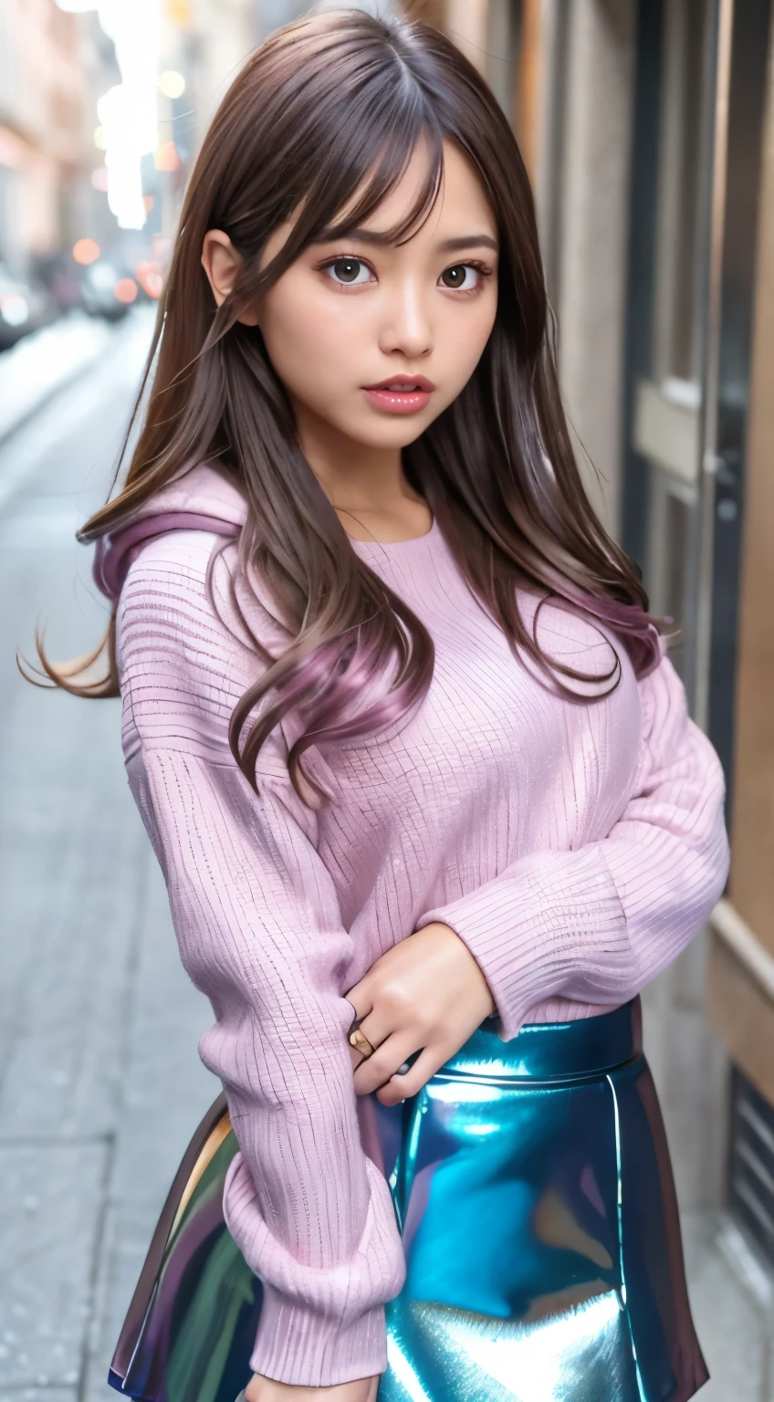Angelique A very beautiful and cute girl,
beautiful and fine eyes,
detailed double eyelids,
(Big eyes:1.4),
long brown straight hair,
See-through bang,
sharp focus,
beautiful detailed face and eyes,
droopy eyes,
(soft saturation: 1.3), (Fair skin: 1.2),break
( Fashionable winter outerwear in super shiny metallic pink:1.5) , (Super shiny pantyhose:1.3) , walk,
Costume lighting,
in the city,
brown hair,break (Super Shiny Metallic Blue Mini Skirt :1.4)