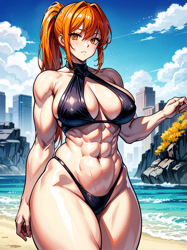 (((masterpiece、Highest image quality、highest quality、highly detailed unity 8kwallpaper)))、((Illustration of one girl))、(((beautiful girl)))、((orange hair、side ponytail、sidelocks:1.4、orange eyes))、(((stocky build:1.5, thickset physique:1.6, muscular legs, broad shoulders:1.6, solid chest:1.5)))、swimsuit、sandy beach