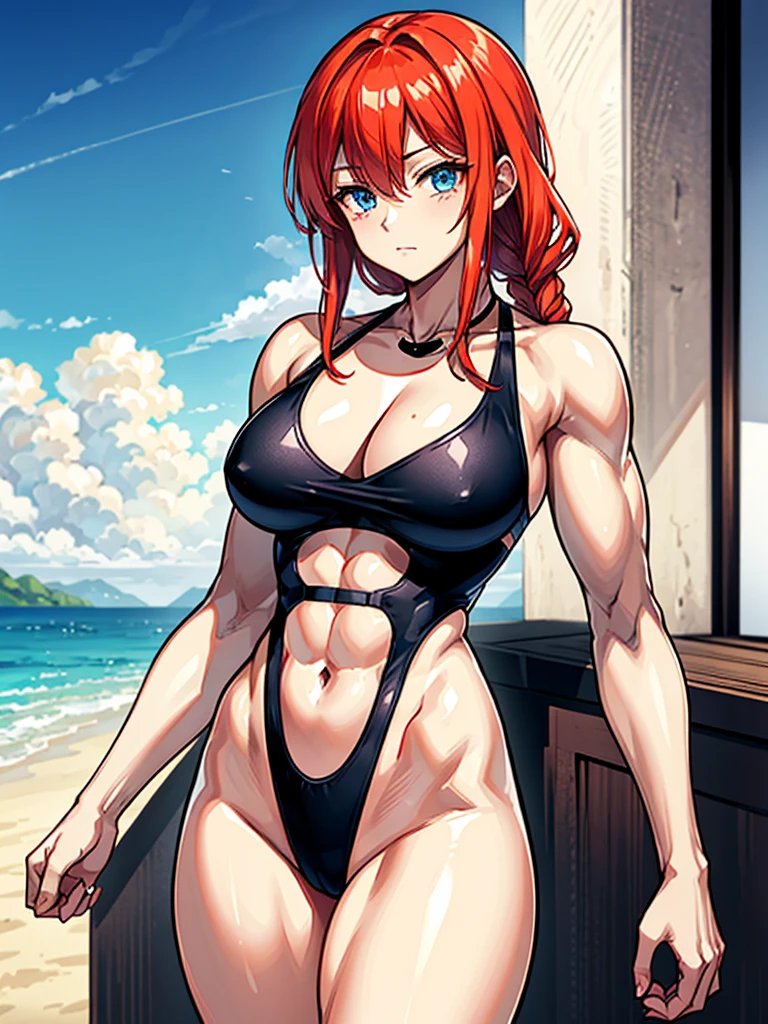 (((masterpiece、Highest image quality、highest quality、highly detailed unity 8kwallpaper)))、((Illustration of one girl))、(((beautiful girl)))、((red hair、Braid、sidelocks:1.4、blue eyes))、(((stocky build:1.5, thickset physique:1.6, muscular legs, broad shoulders:1.6, solid chest:1.5)))、swimsuit、sandy beach