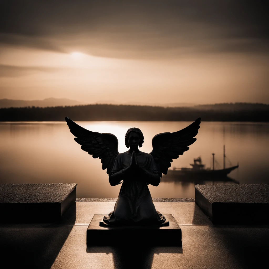 Silhouette of praying angel, statue of an angel