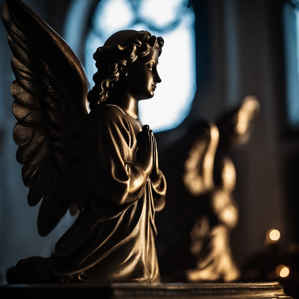 Silhouette of praying angel, statue of an angel