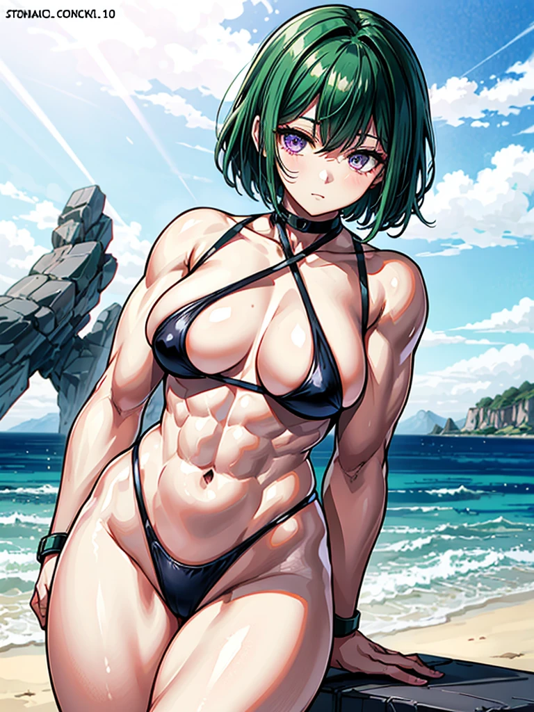 (((masterpiece、Highest image quality、highest quality、highly detailed unity 8kwallpaper)))、((Illustration of one girl))、(((beautiful girl)))、((green hair、very short hair:1.7、sidelocks、purple eyes))、(stocky build, thickset physique, muscular legs:1.5, broad shoulders, solid chest:1.6)、swimsuit、sandy beach