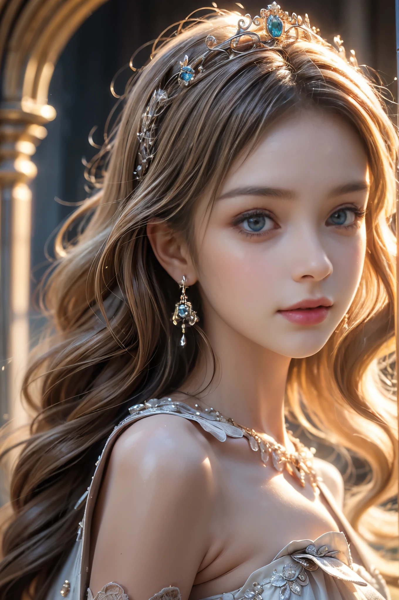 ((RAW shooting:1.5, realistic:1.5, 8K, highest quality, masterpiece, ultra high resolution)), Inside the luxurious British Royal Palace, professional camera work:1.3, Highly detailed skin and facial textures:1.3, glow light effect, Super detailed:1.3, cute 15 year old british princess, Fair skin, Glossy skin, (elegant:1.4, small face), Ultimate Cute Face:1.5, (cute eyes:0.9, looking far away), smile:1.0, (mouth is slightly open:0.4, Clean and refreshing taste:0.7), double eyelid, ((super long up blonde curly hair)), tiara, necklace and earrings, ((elegantで光沢のあるサテンのプリンセスドレスをオフショルダーで正しく着こなす方法)), big breasts, cowboy shot, ((sunrise, sunlight shining from behind:1.6, Strong sunlight spreads across the screen:1.6)), ((Strong sunlight shines on a woman:1.7))