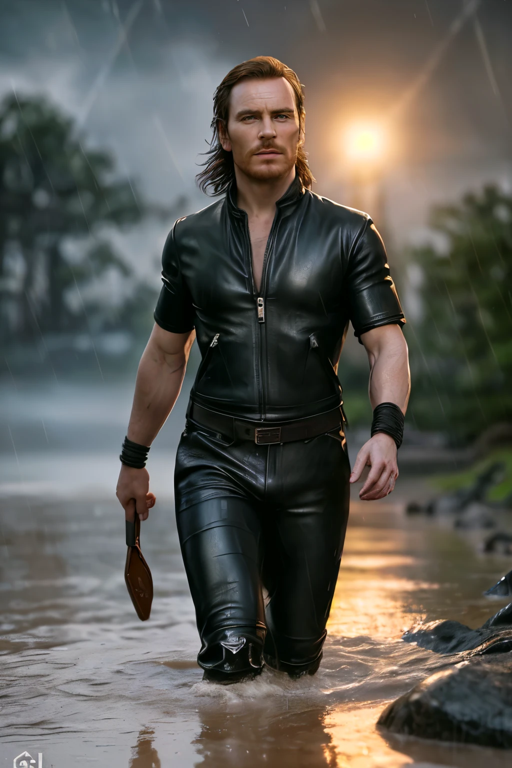 ((Michael Fassbender)), (Professional 3D rendering:1.3) de (Realistic:1.3) Foto de arte mais bonita do mundo，Features soft, bright male heroes, ((Epic hero muscular fantasy rough man angry wet hero looking long hair short beard and fierce expression in dynamic pose, fantastic location, majestoso ambiente desordenado)), Full-body 8k unified rendering, action shot, poros da pele, very dark lighting, sombreamento pesado, circunstanciado, Rosto detalhado, (vibrante, fotogrdeia realista, Realistic, Dramatic, Escuro, foco nítido, 8k), (Old leather clothes damaged by bad weather:1.4), ((((Use peles)))), (intrincado:1.4), decadente, (altamente detalhado:1.4), pintura digital, rendering by octane, art stations, Conceito-Arte, liso, foco nítido, illustration, germe da aroish:0.23), Wlop Ilya Kuvshinov, e Greg Rutkowski e Alphonse Mucha Gracias, (global ilumination, studiolight, Light Volumetric), chuva forte, floating particles, patife, fantasia, Onze, corpo inteiroesbian, ((Fundo escuro e antigo da cidade:1.3)),CGSesociedade,art stations