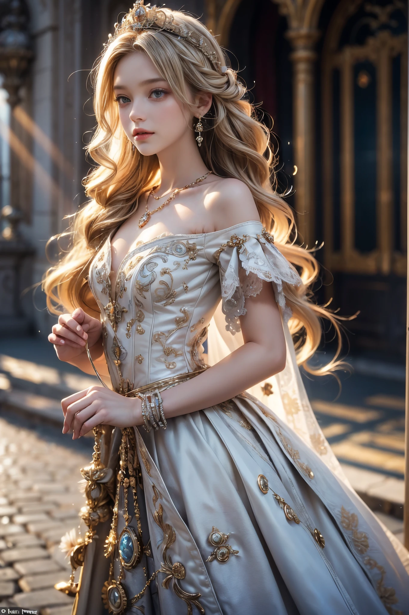 ((RAW shooting:1.5, realistic:1.5, 8K, highest quality, masterpiece, ultra high resolution)), Inside the luxurious British Royal Palace, professional camera work:1.3, Highly detailed skin and facial textures:1.3, glow light effect, Super detailed:1.3, cute 15 year old british princess, Fair skin, Glossy skin, (elegant:1.4, small face), Ultimate Cute Face:1.5, (cute eyes:0.9, looking far away), smile:1.0, (mouth is slightly open:0.4, Clean and refreshing taste:0.7), double eyelid, ((super long up blonde curly hair)), tiara, necklace and earrings, ((elegantで光沢のあるサテンのプリンセスドレスをオフショルダーで正しく着こなす方法)), big breasts, cowboy shot, ((sunrise, sunlight shining from behind:1.6, Strong sunlight spreads across the screen:1.6)), ((Strong sunlight shines on a woman:1.7))