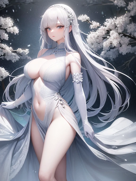 Paradise in Heaven, White lighting,(muste piece), (best quality), (cinematic), 8K, (art station), Li Yue painting style.(長いwhite hairとSilvery eyesを持つ1人の女), (beautiful delicate face)、[ Particle Lou Full Moon] [Frozen trees々] [landscape crystal] [great writing] [Ethereal Atmosphere]:1.1] [fantasy, short story] [soft great writing] [+cinematic shot]:1.2 [+art station] [+luminous white background] [+soft great writing] [soft glow] [Creative and dynamic angles]:1.3, [+Crystal Toning] 、muste piece, very detailed, Super detailed, solo, (pale skin), Silvery eyes, white hair, (snow background), (snowflake rosen flower:1.0), (shining crystal),, (Snowy ground), (White lashes), sexy woman、dreamy and detailed, Gorgeous setting, 妖しい雰囲気 muste piece, The most beautiful scenes, majestic、(((full of white flowers)))、quiet and serene atmosphere、attractive, all white tones,Inside the crystal library,Transparent flowers and falling snow，Many white roses are planted,(water flowing,waterfall,water bloom),The decoration is also carefully done.,dream（very detailedです，creative design，crisp and precise lines，K HD，best quality，T Masterpiece，超High resolution，In 4K）、Diverse poses、((beautiful white flower hair ornament))、beautiful hairstyle、(best quality, In 4K, 8K, High resolution, muste piece:1.2), Super detailed, detailed expression, graceful posture, expressive brush strokes, mysterious atmosphere, artistic interpretation,Delicate floral jewelry， (((Detailed design、Beautiful lace translucent dress、see-through small dress)))、(SFW:1.5), (oversized breasts, best body proportions, proportions of large breasts,:1.5),(white decoration on thigh)、((Beautiful crystal accessories on the legs))。((Beautiful crystal accessories on the arm))