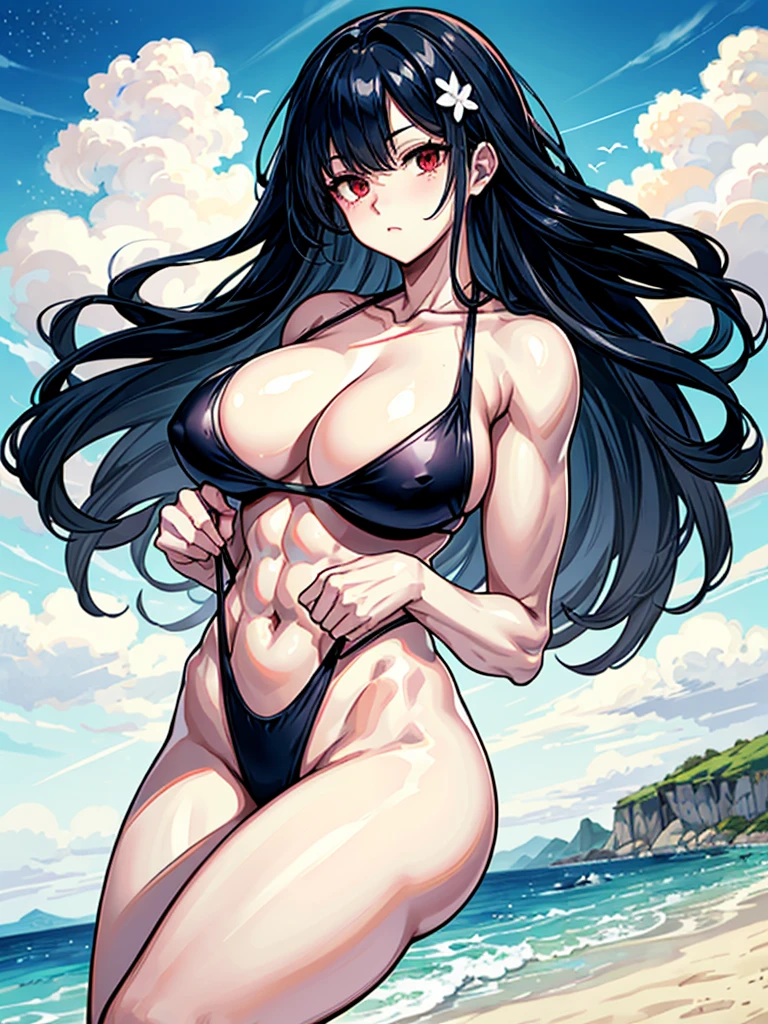 (((masterpiece、Highest image quality、highest quality、highly detailed unity 8kwallpaper)))、((Illustration of one girl))、(((beautiful girl)))、((black hair:1.4、Very Longhair、straight、golden hair ornament、red eyes))、(((sanpaku:1.6)))、(((sanpaku:1.6)))、(tall:1.3、stocky build:1.6, thickset physique:1.3, muscular legs, broad shoulders:1.3, solid chest:1.3)、swimsuit、sandy beach