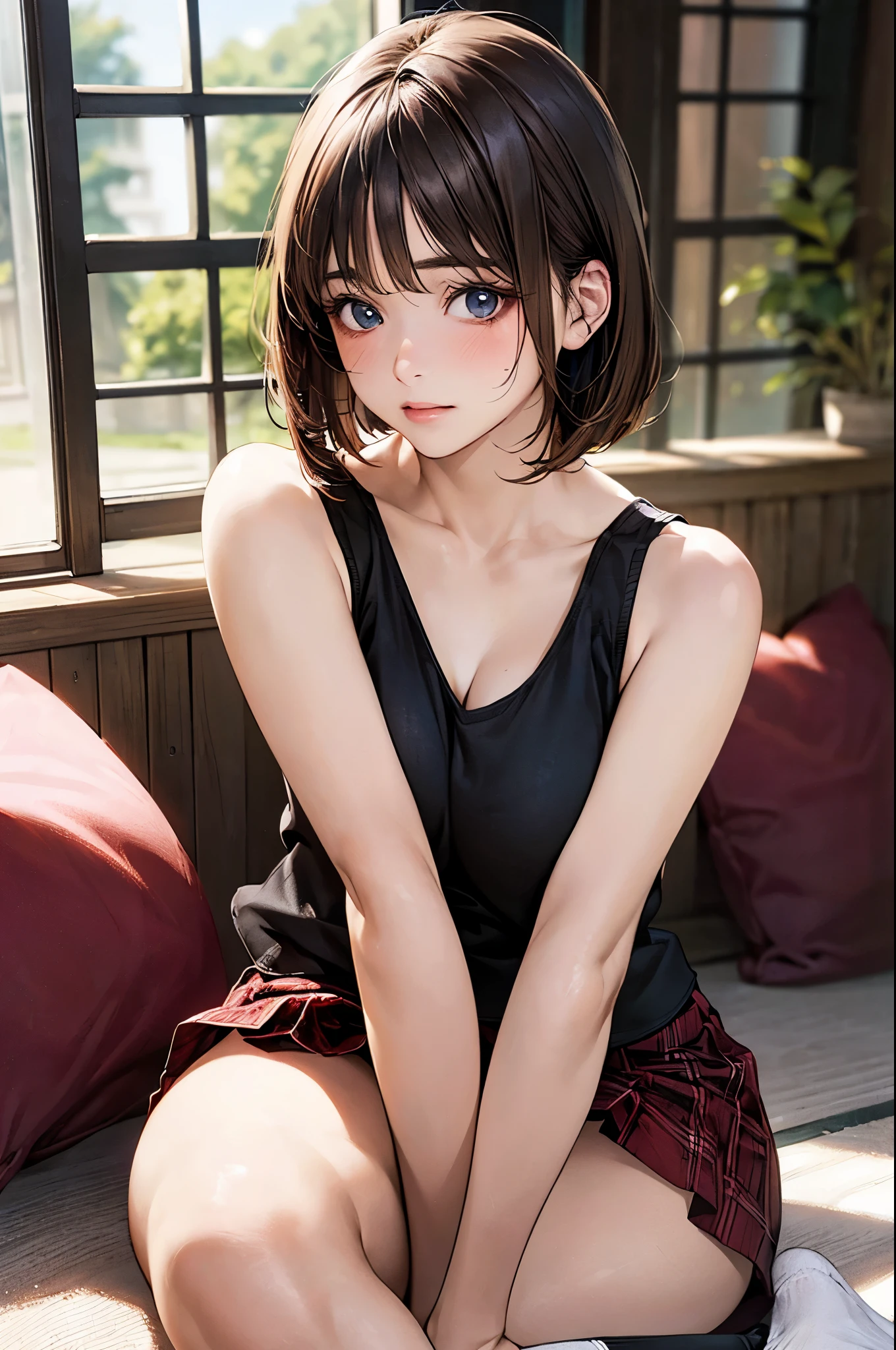 (masterpiece:1.2, top-quality), (realistic, photorealistic:1.4), beautiful illustration, (natural side lighting, movie lighting), 
looking at viewer, cowboy shot, front view, close-up:1.5, 1 girl, solo, japanese, high school girl, perfect face, cute and symmetrical face, shiny skin, 
(short hair:1.2, bob cut:1.2, light brown hair), hairline, asymmetrical bangs, blue eyes, long eyelasher, (?????????????:0.9, thick thighs), 
beautiful hair, beautiful face, beautiful detailed eyes, beautiful clavicle, beautiful body, beautiful ?????, beautiful thigh, beautiful legs, beautiful fingers, 
((sleeveless high neck black tank top, , red plaid mini skirt, socks, ??????????)), 
(beautiful scenery), evening, living room, (sitting floor, m legs, raise legs, arms behind)), (astonished, upper eyes), 