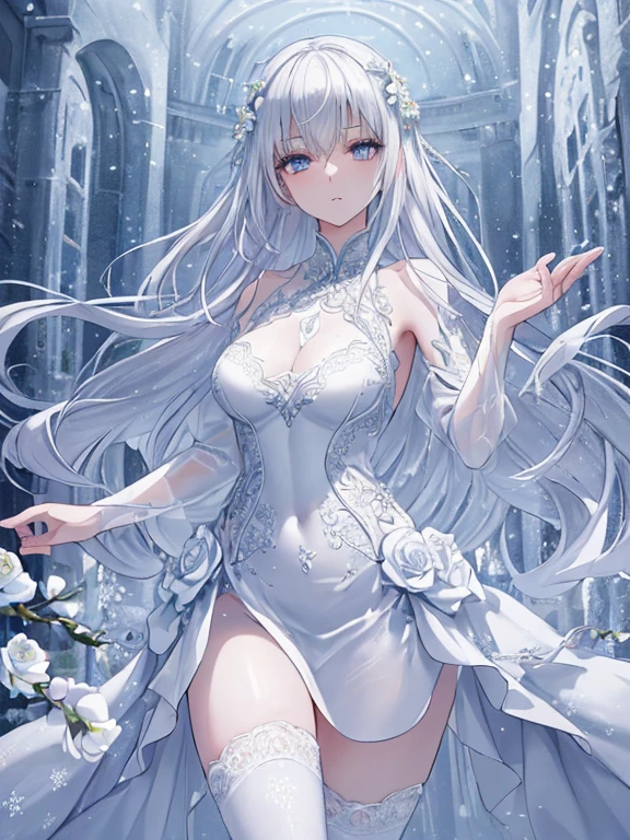 Paradise in Heaven, White lighting,(muste piece), (best quality), (cinematic), 8K, (art station), Li Yue painting style.(長いwhite hairとSilvery eyesを持つ1人の女), (beautiful delicate face)、[ Particle Lou Full Moon] [Frozen trees々] [landscape crystal] [great writing] [Ethereal Atmosphere]:1.1] [fantasy, short story] [soft great writing] [+cinematic shot]:1.2 [+art station] [+luminous white background] [+soft great writing] [soft glow] [Creative and dynamic angles]:1.3, [+Crystal Toning] 、muste piece, very detailed, Super detailed, solo, (pale skin), Silvery eyes, white hair, (snow background), (snowflake rosen flower:1.0), (shining crystal),, (Snowy ground), (White lashes), sexy woman、dreamy and detailed, Gorgeous setting, 妖しい雰囲気 muste piece, The most beautiful scenes, majestic、(((full of white flowers)))、quiet and serene atmosphere、attractive, all white tones,Inside the crystal library,Transparent flowers and falling snow，Many white roses are planted,(water flowing,waterfall,water bloom),The decoration is also carefully done.,dream（very detailedです，creative design，crisp and precise lines，K HD，best quality，T Masterpiece，超High resolution，In 4K）、Diverse poses、((beautiful white flower hair ornament))、beautiful hairstyle、(best quality, In 4K, 8K, High resolution, muste piece:1.2), Super detailed, detailed expression, graceful posture, expressive brush strokes, mysterious atmosphere, artistic interpretation,Delicate floral jewelry， (((Detailed design、Beautiful lace translucent dress、see-through small dress)))、(SFW:1.5), (oversized breasts, best body proportions, proportions of large breasts,:1.5),(white decoration on thigh)、((Beautiful crystal accessories on the legs))。((Beautiful crystal accessories on the arm))