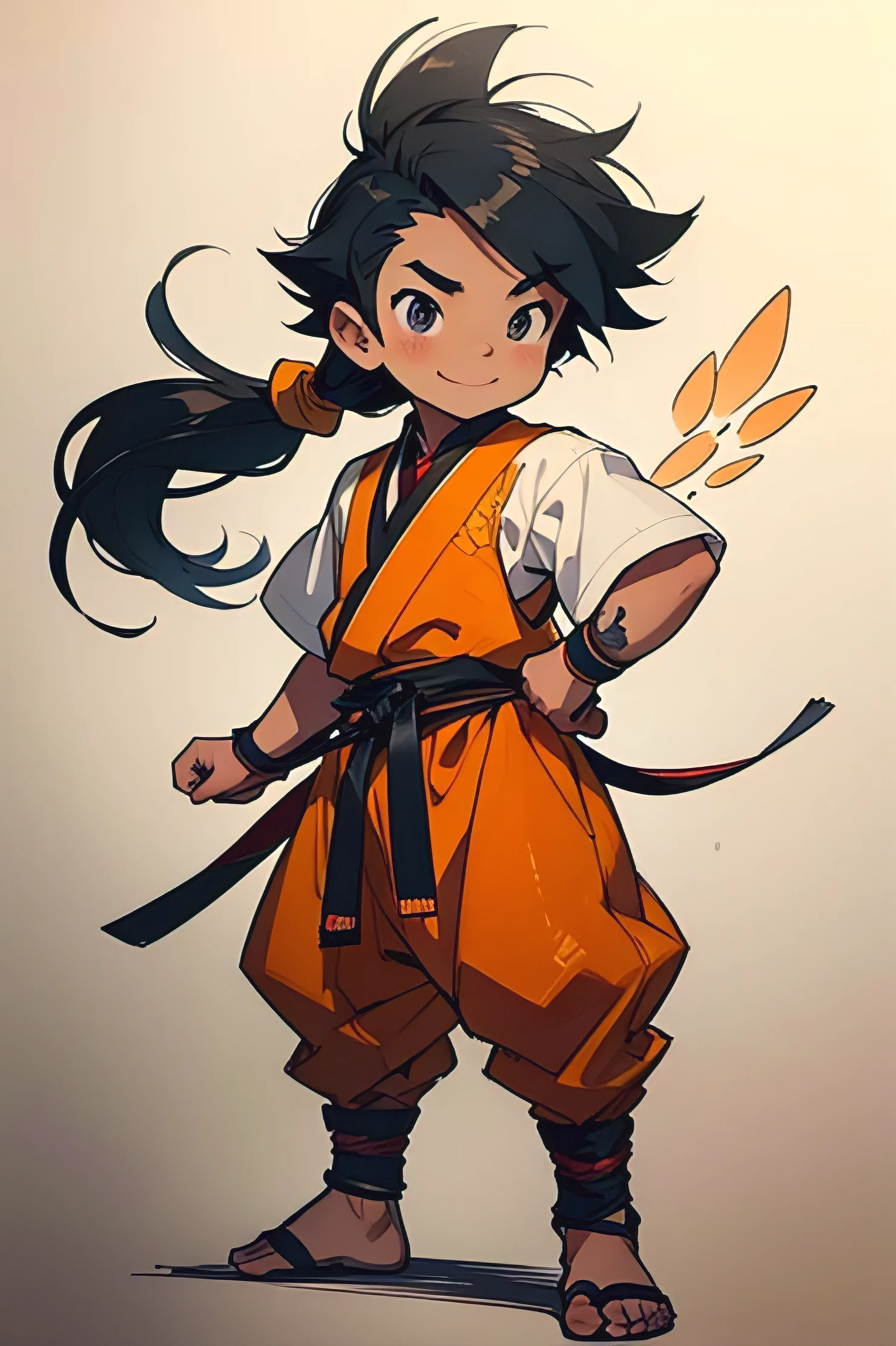 whole body , drawing ink lines, cheerful cartoon, honeyed, Little boy, cute, From head to toe, boy wearing traditional clothes, brawl, action, sketch, line-art, tie your hair up, long hair