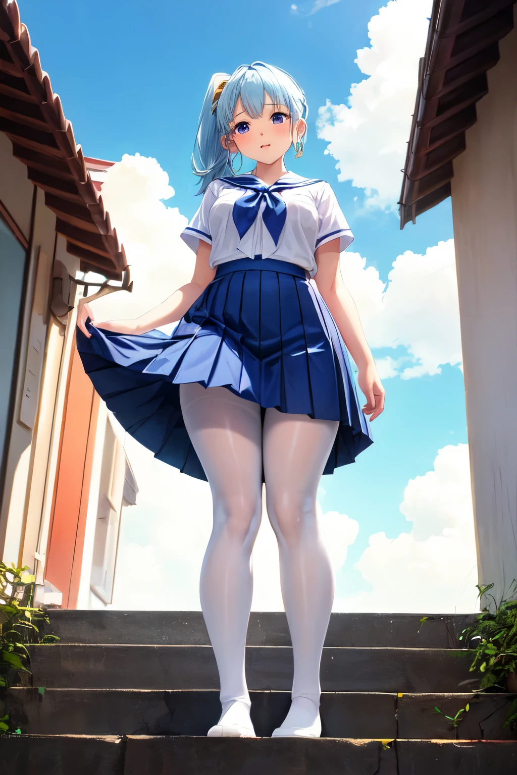 ((คุณภาพดีที่สุด)), ((ผลงานชิ้นเอก)), (รายละเอียด), ใบหน้าที่สมบูรณ์แบบ
(Ayaka Kamisato) Girl with light blue hair, ponytail, gray-blue eyes, looking down, view from below, big hips, big legs, white pantyhose, school uniform ,blue skirt,clouds,bright sky,yandere