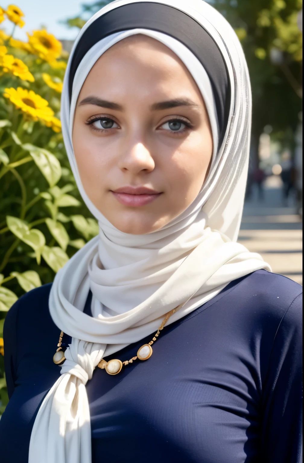 RAW, Best quality, high resolution, masterpiece: 1.3), beautiful swedish woman in hijab,Masterpiece, perfect slim fit body, gorgeous eyes, Soft smile, wear a sailor fuku, necklace, hairband, afternoon walk, City garden, Excellent lighting, Bright colors, Clean lines