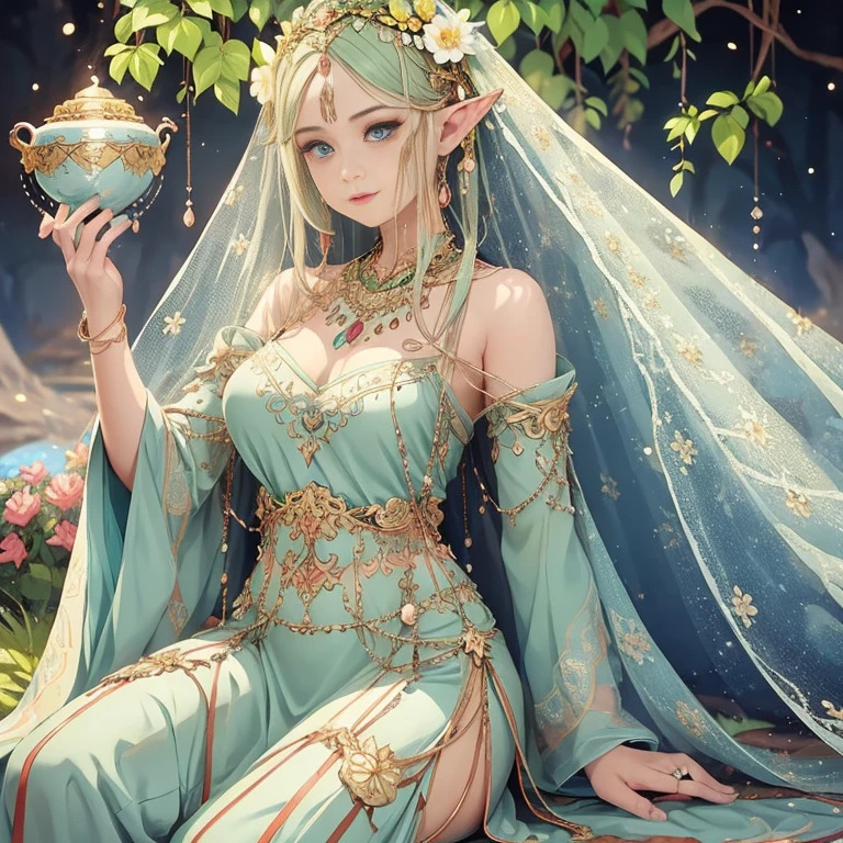 （（long ears）），Head close-up，Eyes are very delicate，Elf，Gorgeous green Hanfu，（（（hair accessories）））（（（veil））），necklace，（（（a garden with many flowerest quality））， （（intricate details））， （（Surreal））（8k）